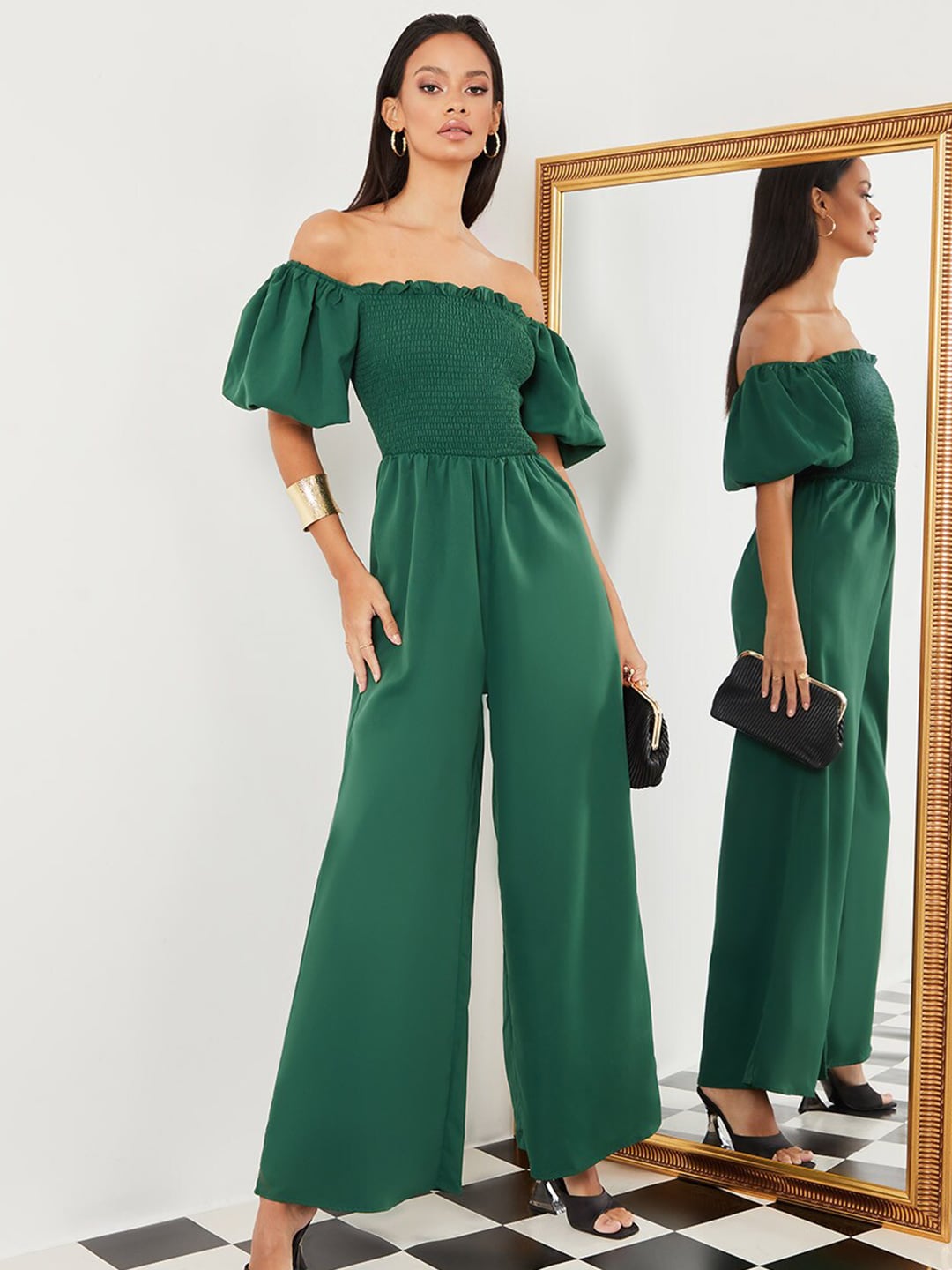 Styli Green Off-Shoulder Basic Jumpsuit Price in India