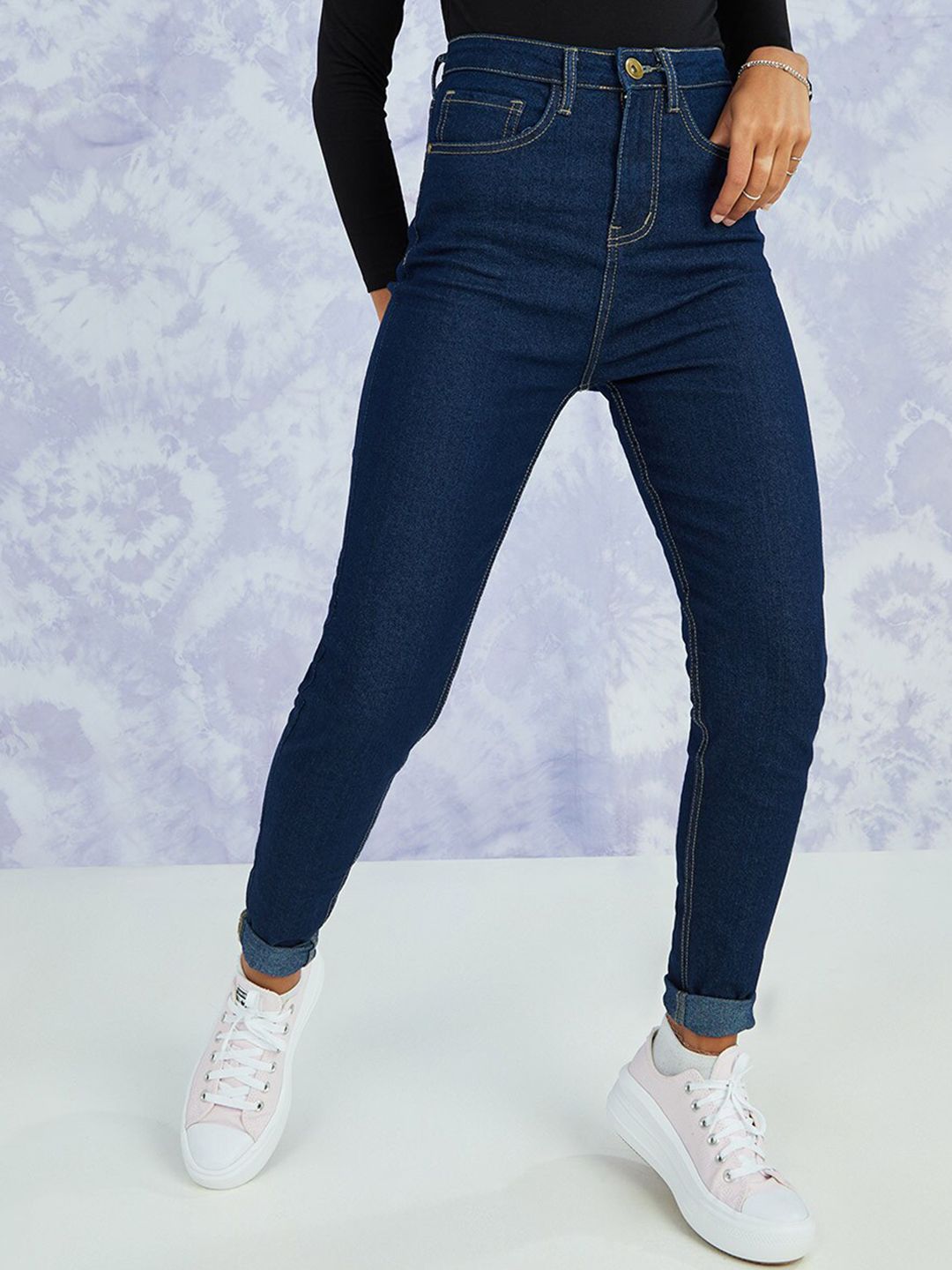 Styli Women Blue Skinny Fit High-Rise Low Distress Jeans Price in India