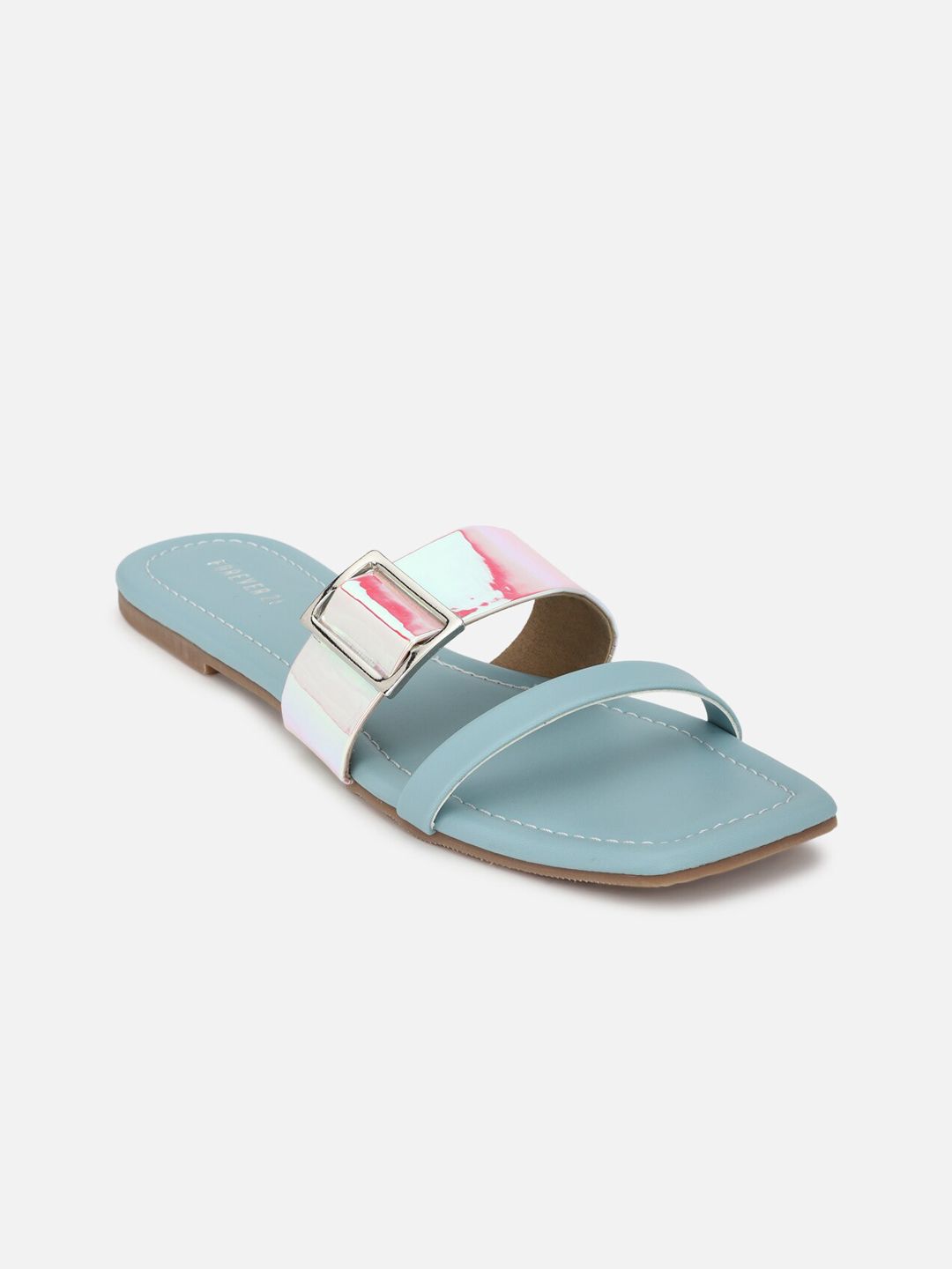 FOREVER 21 Women Blue Colourblocked Open Toe Flats with Buckles Price in India