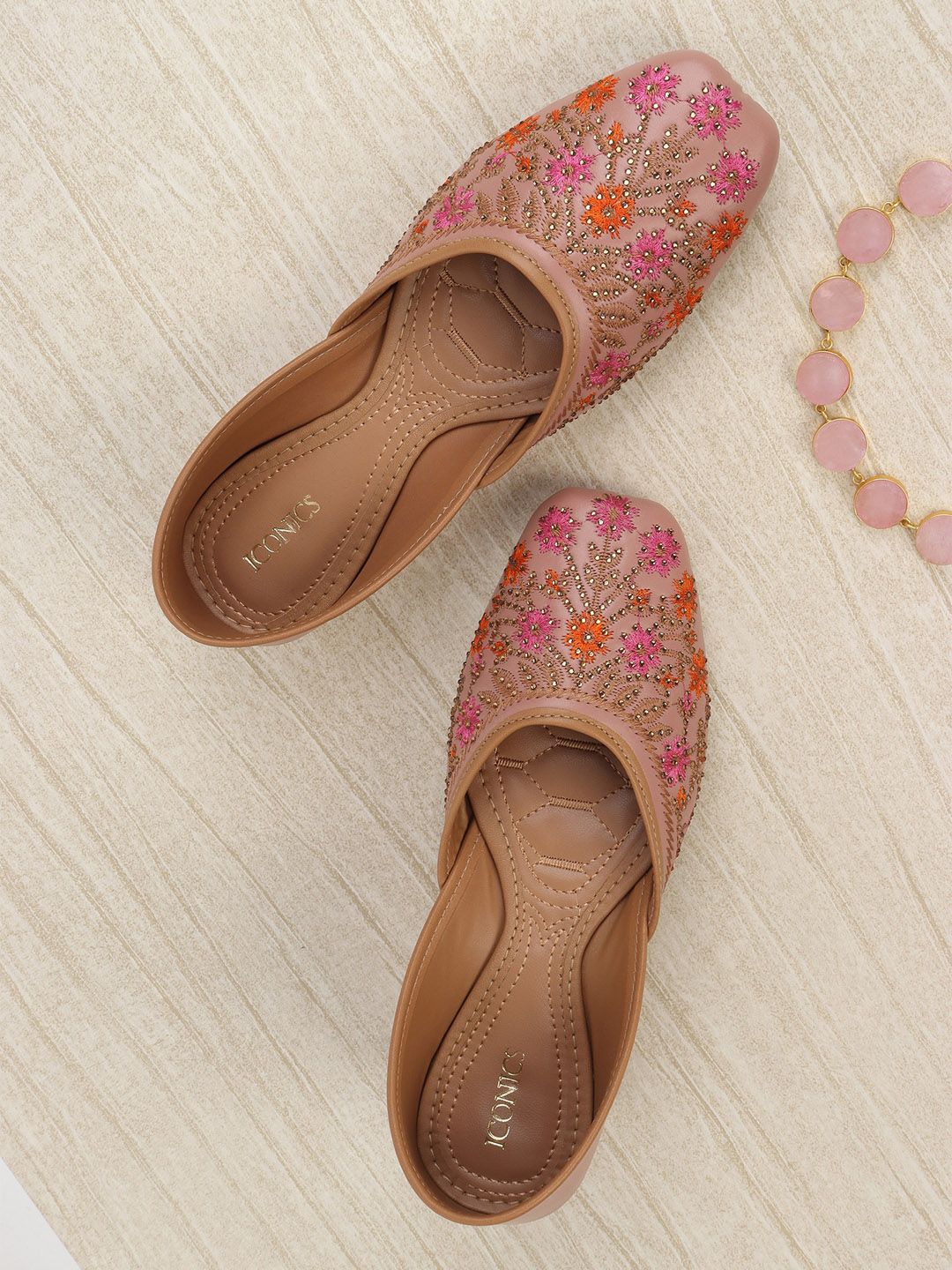 ICONICS Women Peach-Coloured Printed Ethnic Ballerinas Flats