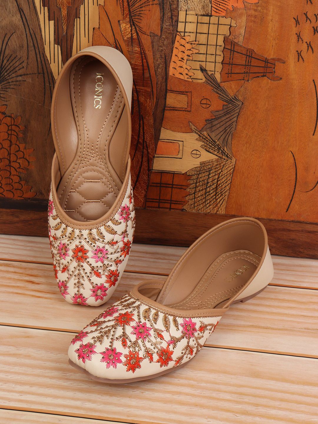 ICONICS Women Cream-Coloured Printed Ethnic Ballerinas Flats