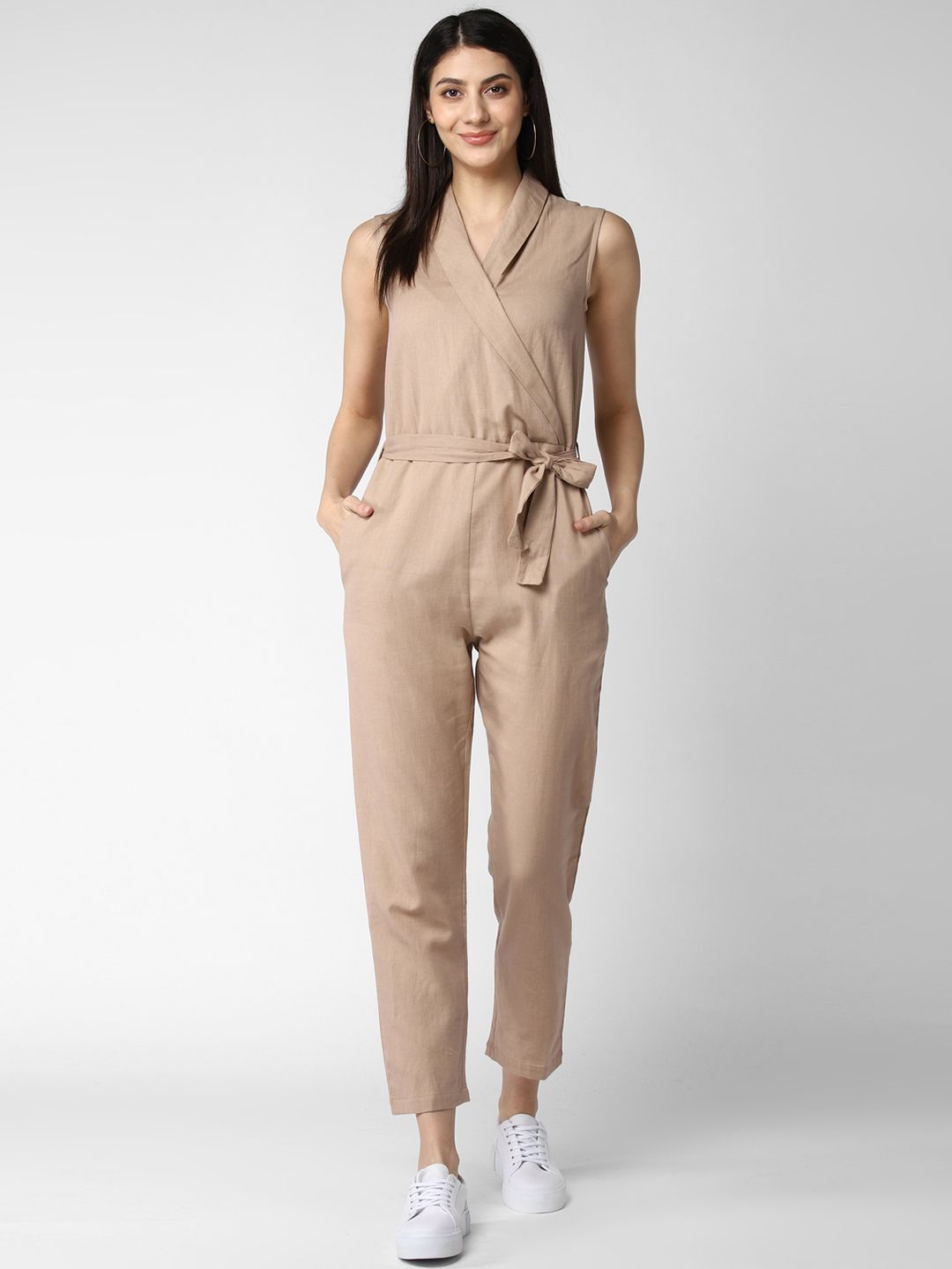 StyleStone Beige Linen Shawl Neck Basic Jumpsuit Price in India