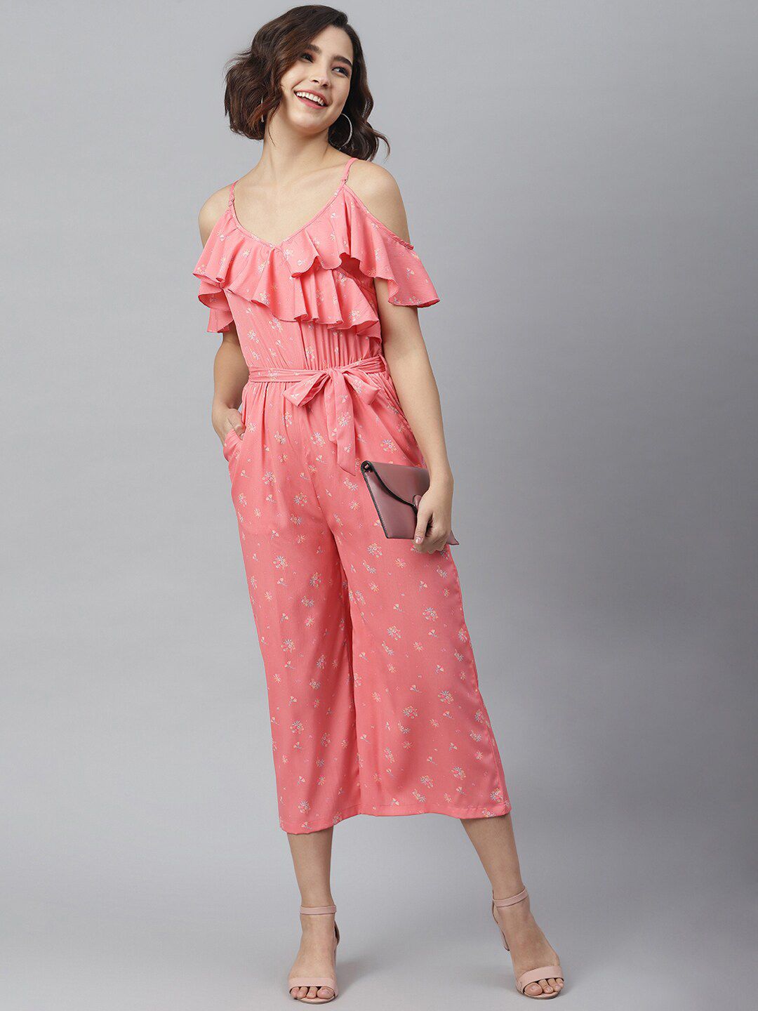 StyleStone Pink & White Printed Basic Jumpsuit with Ruffles Price in India
