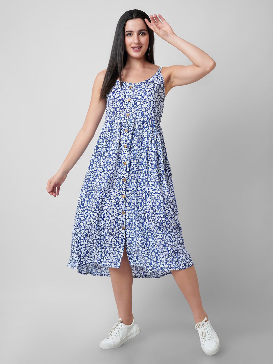 Mollar Blue Floral A-Line Midi Dress Price in India