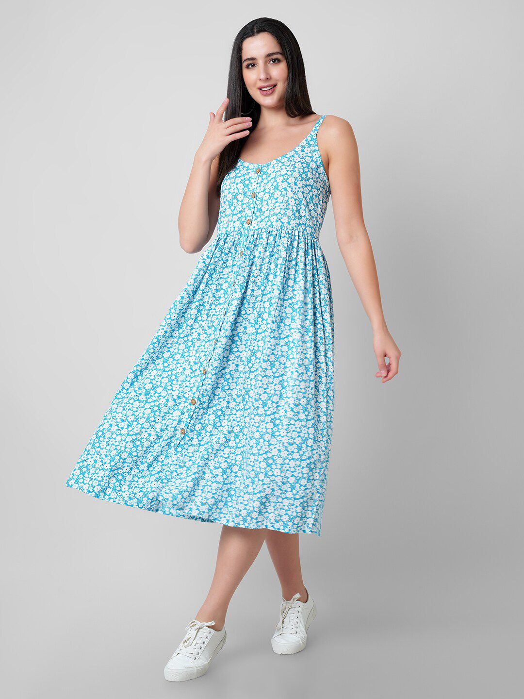 Mollar Turquoise Blue Floral A-Line Midi Dress Price in India