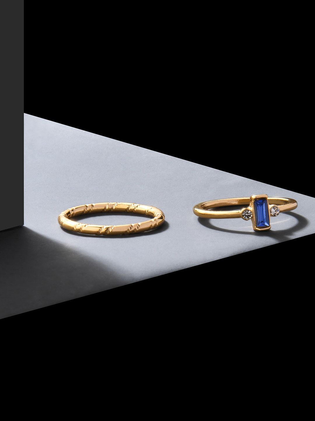 Accessorize Set Of 2 Gold-Toned & Blue Baguette Charm Finger Rings Price in India