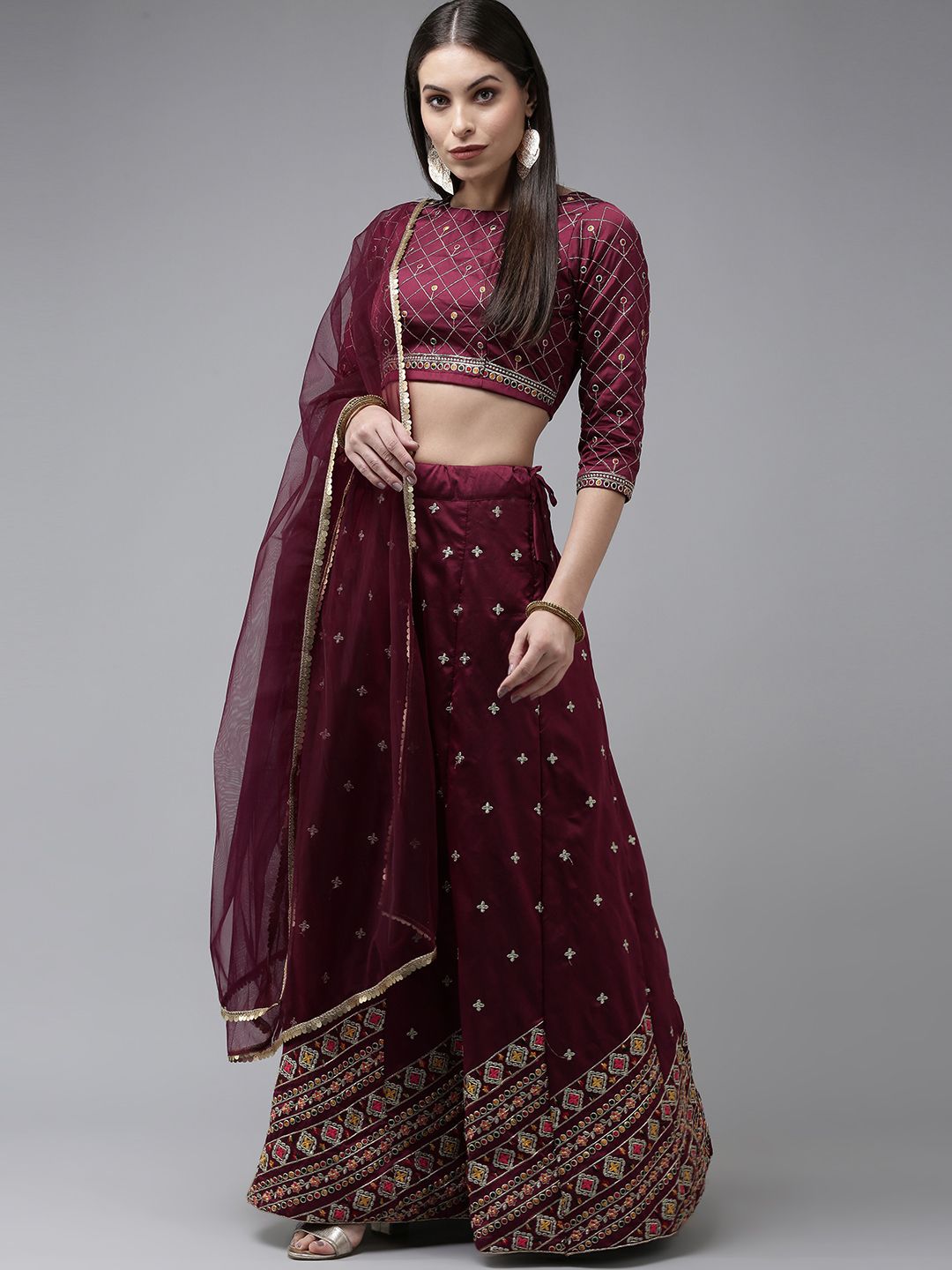 DIVASTRI Burgundy & Gold-Toned Embellished Semi-Stitched Lehenga & Unstitched Blouse With Dupatta Price in India