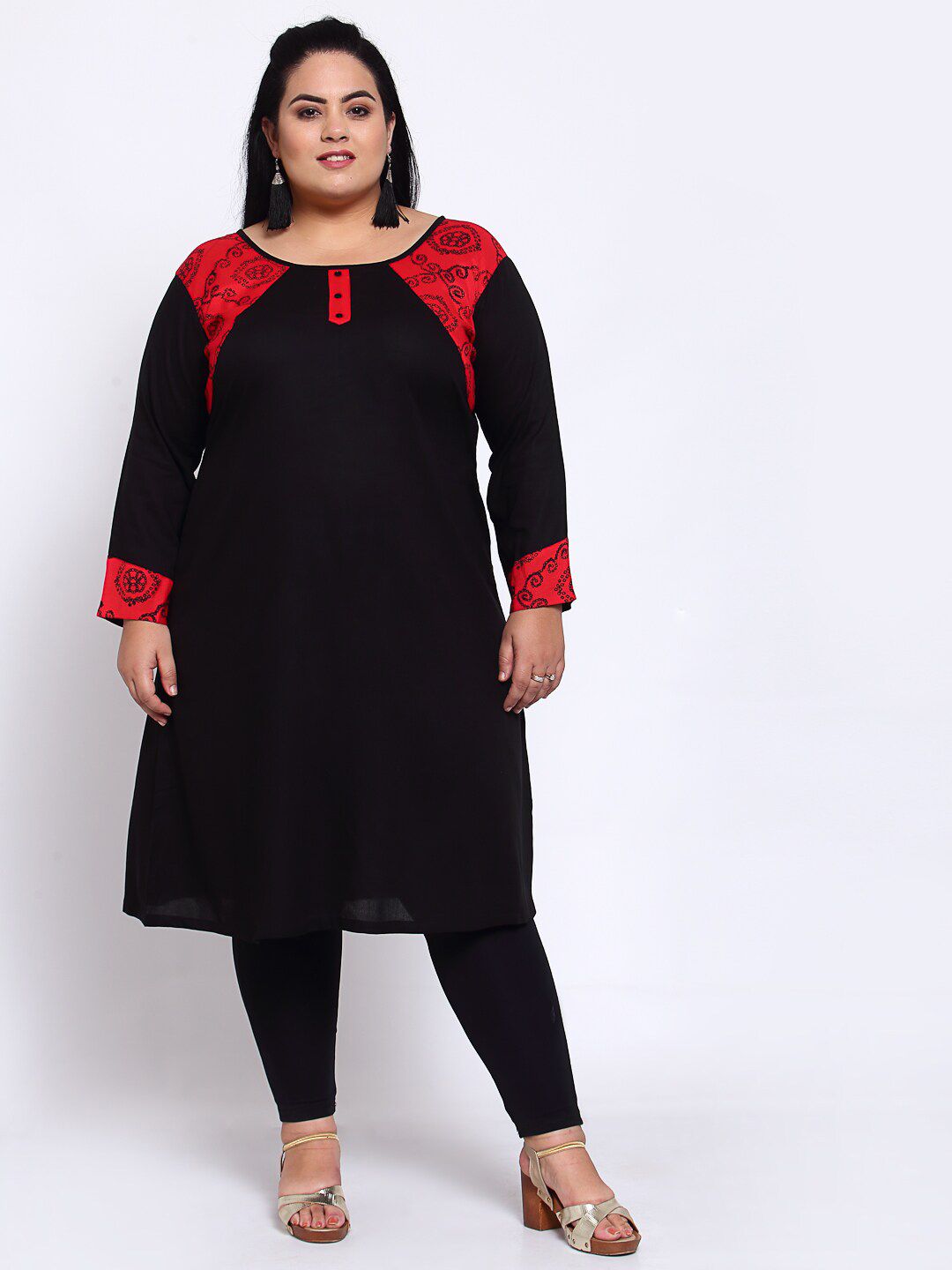 FAZZN Plus Size Women Black & Orange Ethnic Motifs Printed Kurta Price in India