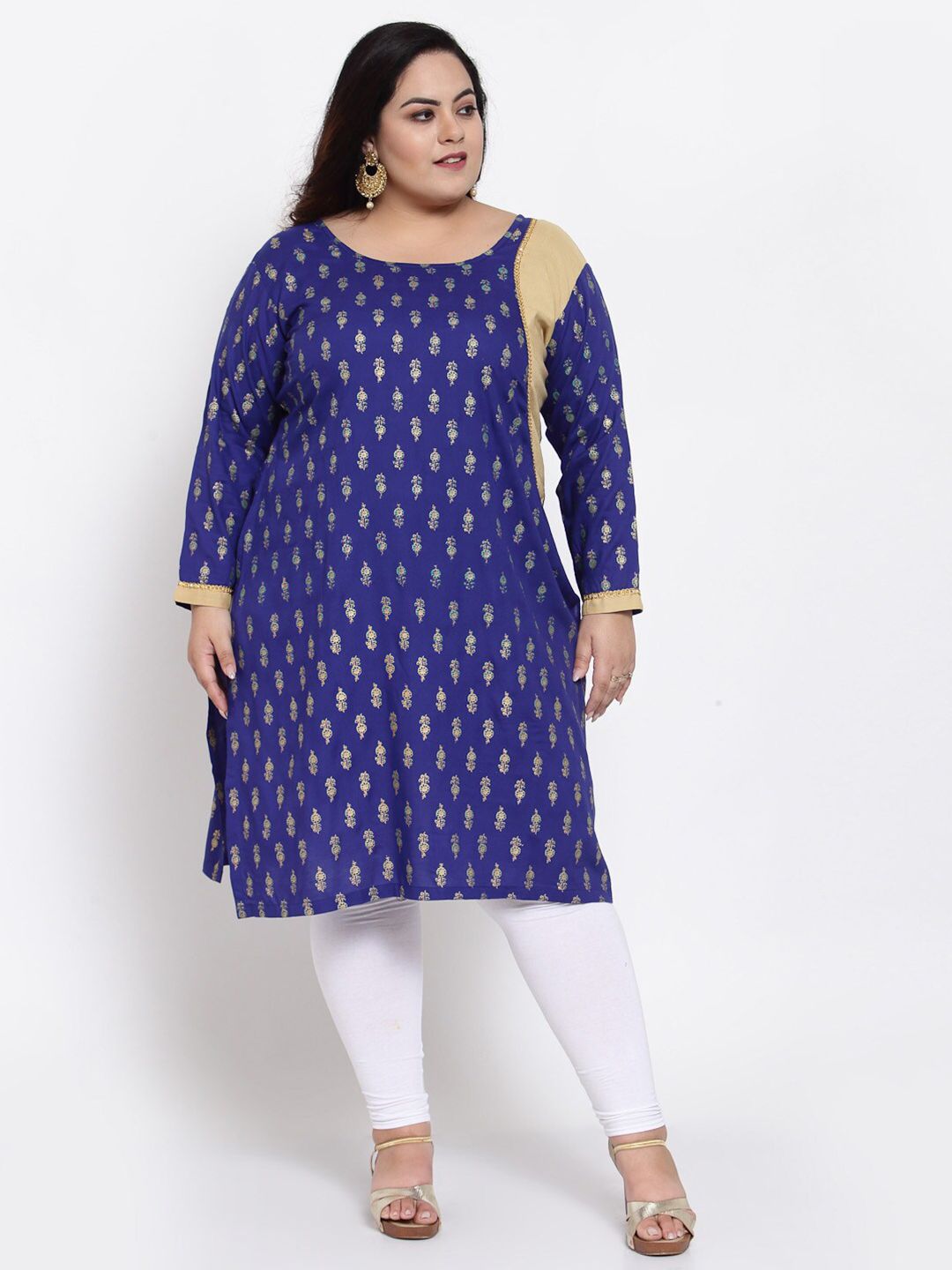 FAZZN Plus Size Women Blue & Gold-Toned Floral Printed Kurta Price in India