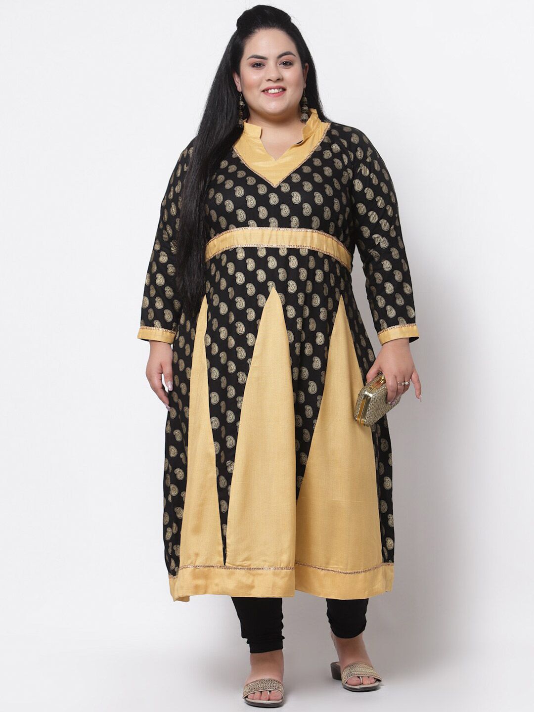 FAZZN Plus Size Women Black & Beige Ethnic Motifs Printed Anarkali Kurta Price in India