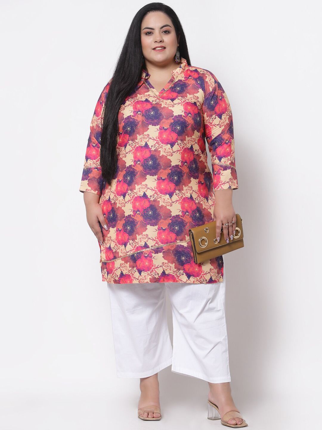 FAZZN Women Plus Size Yellow & Pink Floral Printed Kurta Price in India