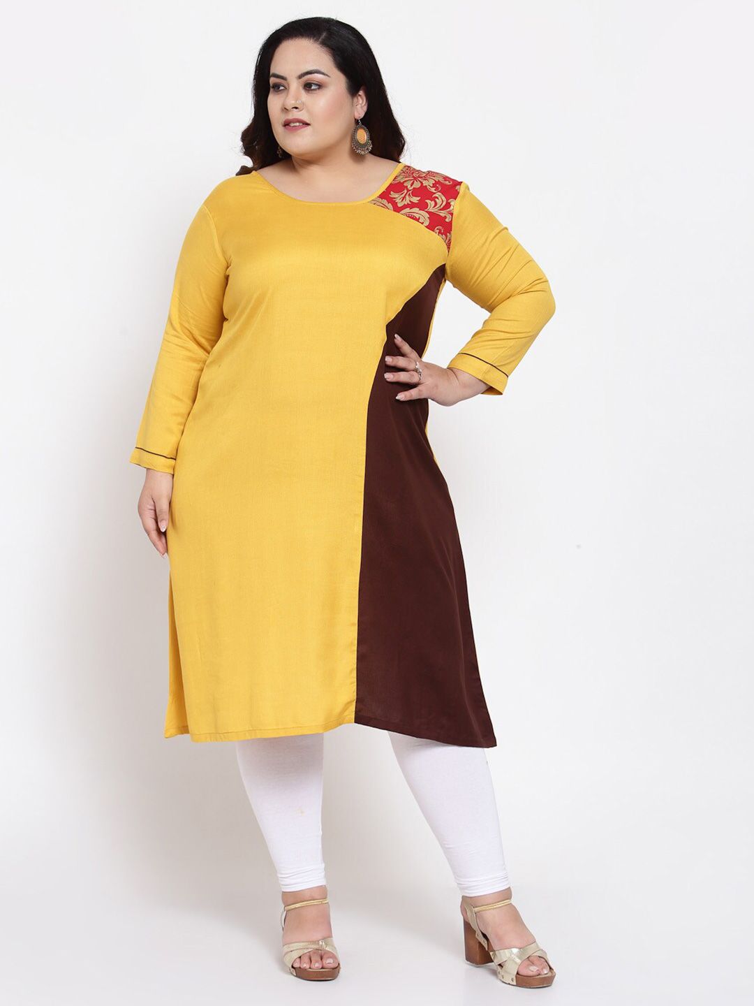 FAZZN Women Yellow & Brown Colourblocked Kurta Price in India