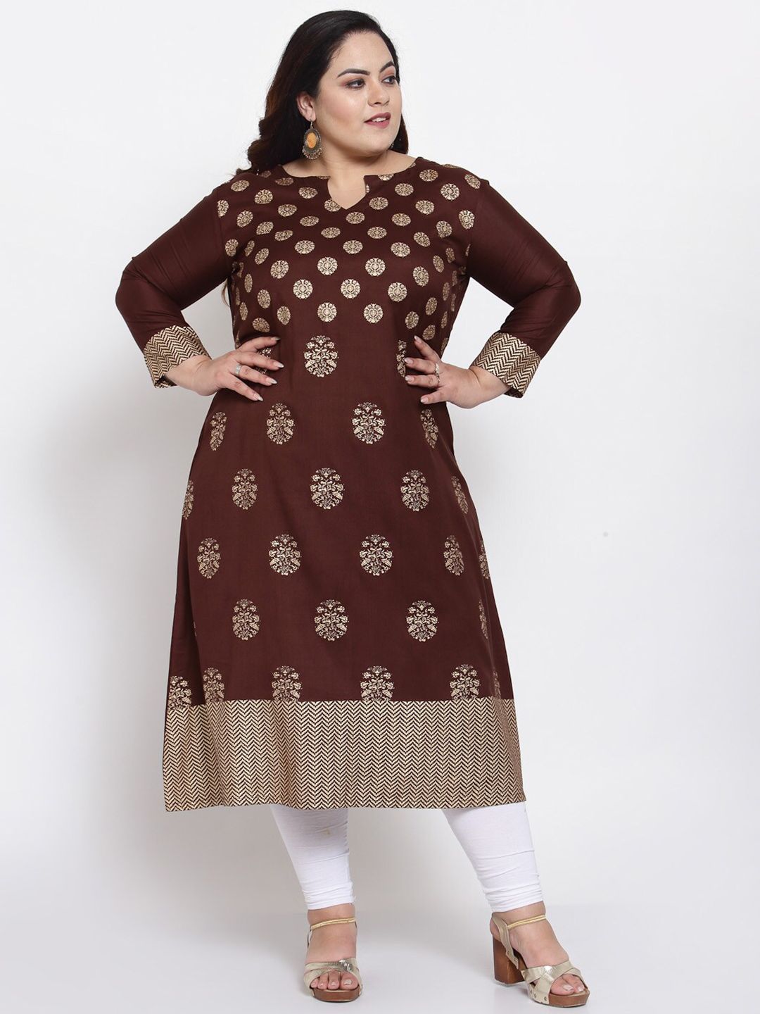 FAZZN Plus Size Women Brown & Beige Ethnic Motifs Printed Kurta Price in India