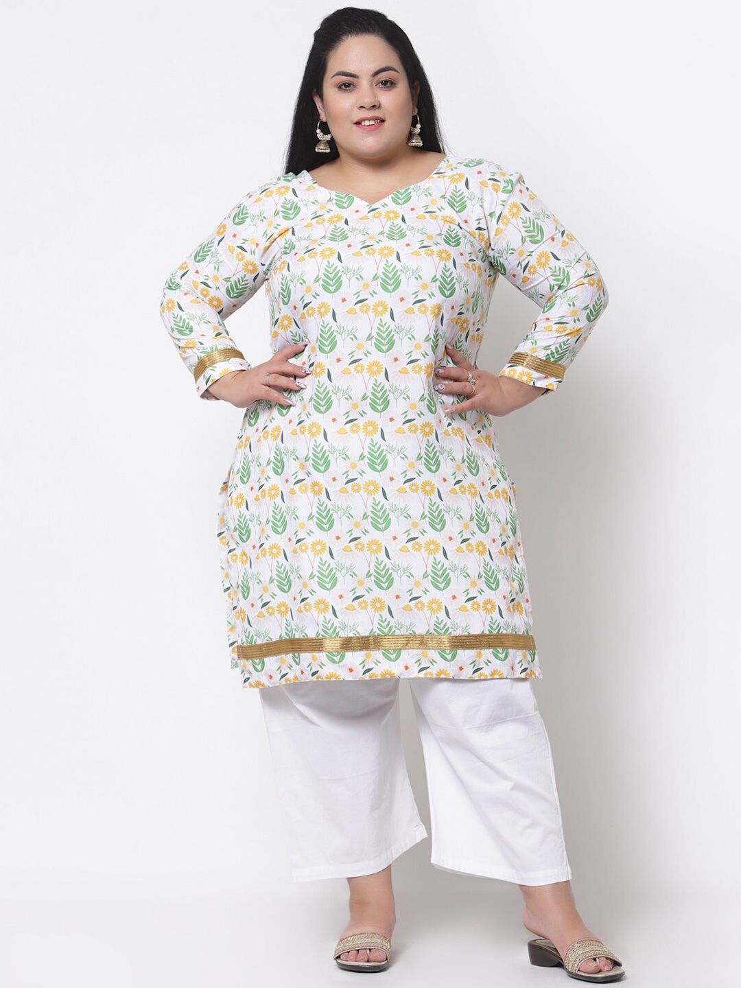 FAZZN Women Plus Size White & Green Floral Printed Floral Kurta Price in India