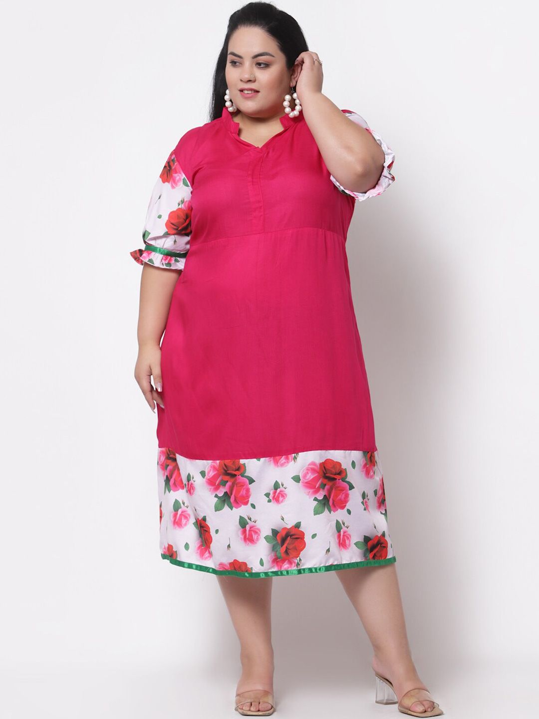 FAZZN Women Pink & White Printed A-Line Kurta Price in India