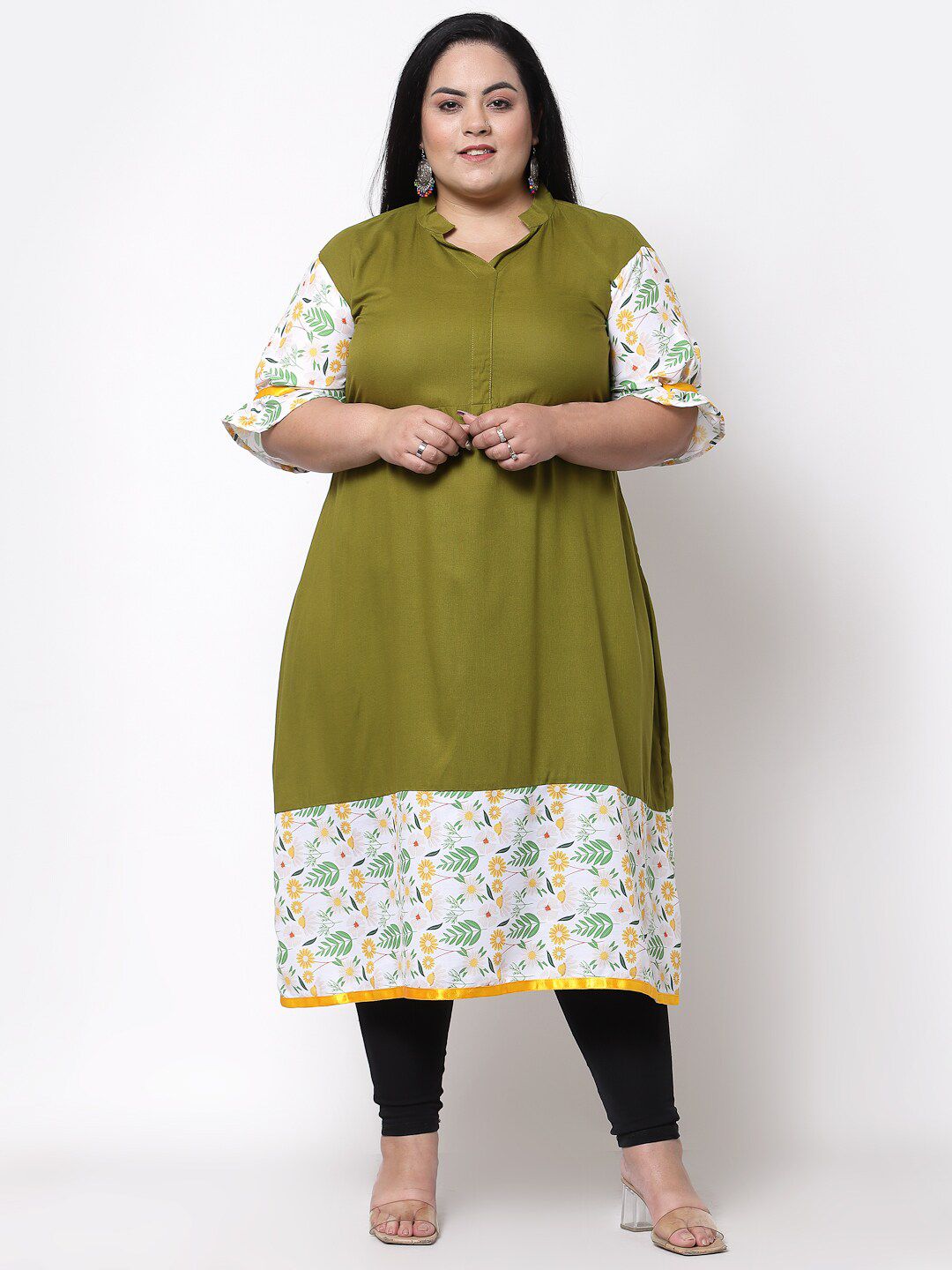 FAZZN Plus Size Women Green & White Floral Printed Anarkali Kurta Price in India