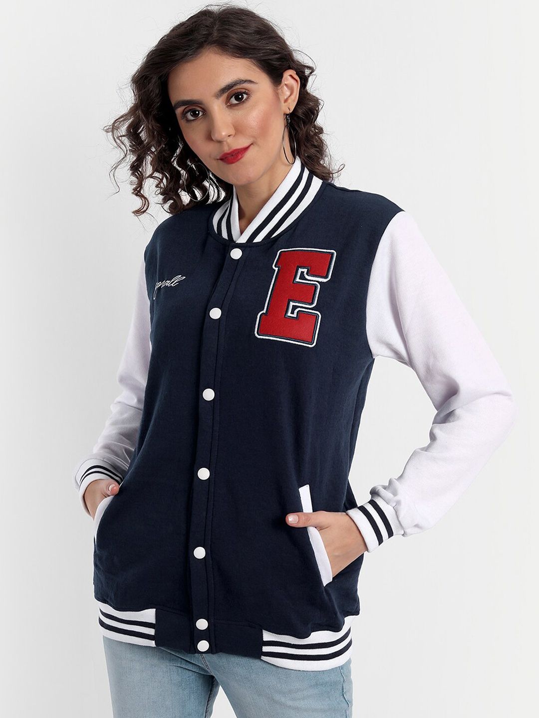 Emprall Women Blue Fleece Bomber with Embroidered Jacket Price in India