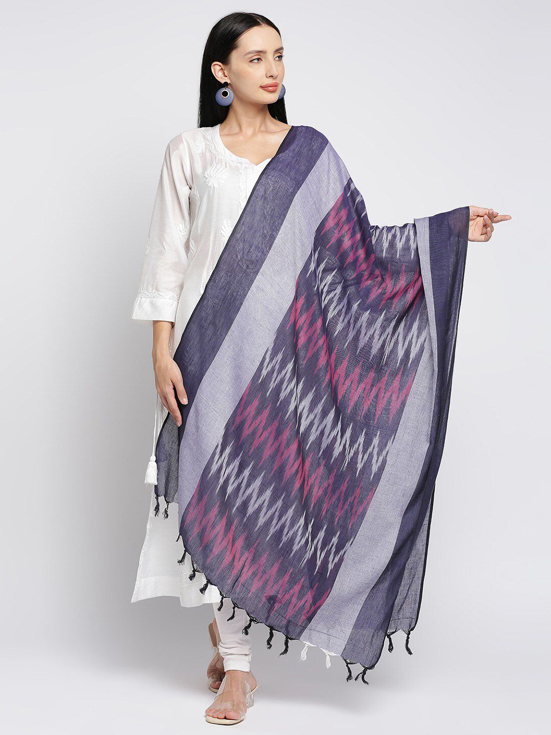 Get Wrapped Purple & Grey Printed Pure Cotton Ikat Dupatta Price in India