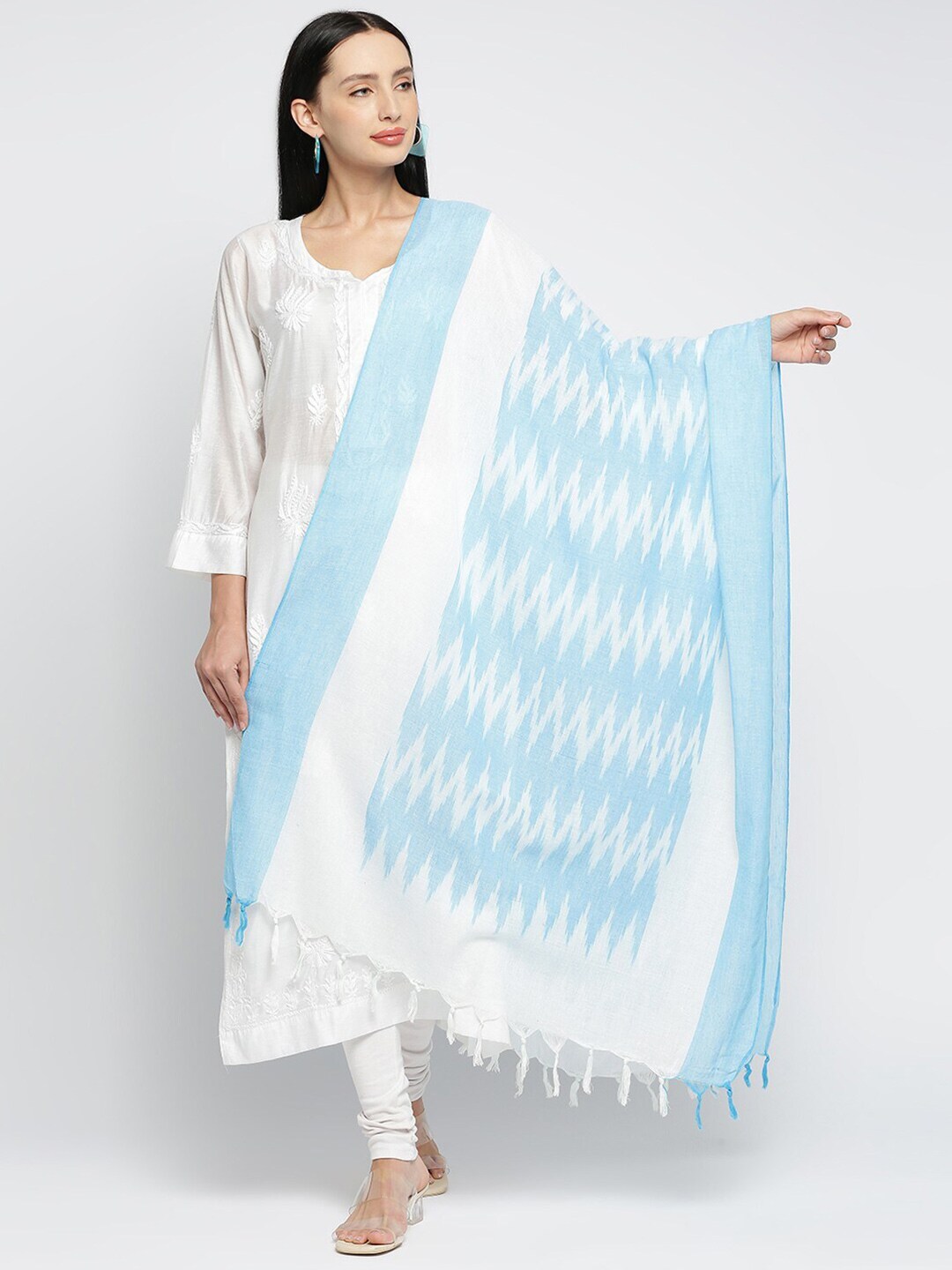 Get Wrapped Blue & White Printed Pure Cotton Ikat Dupatta Price in India