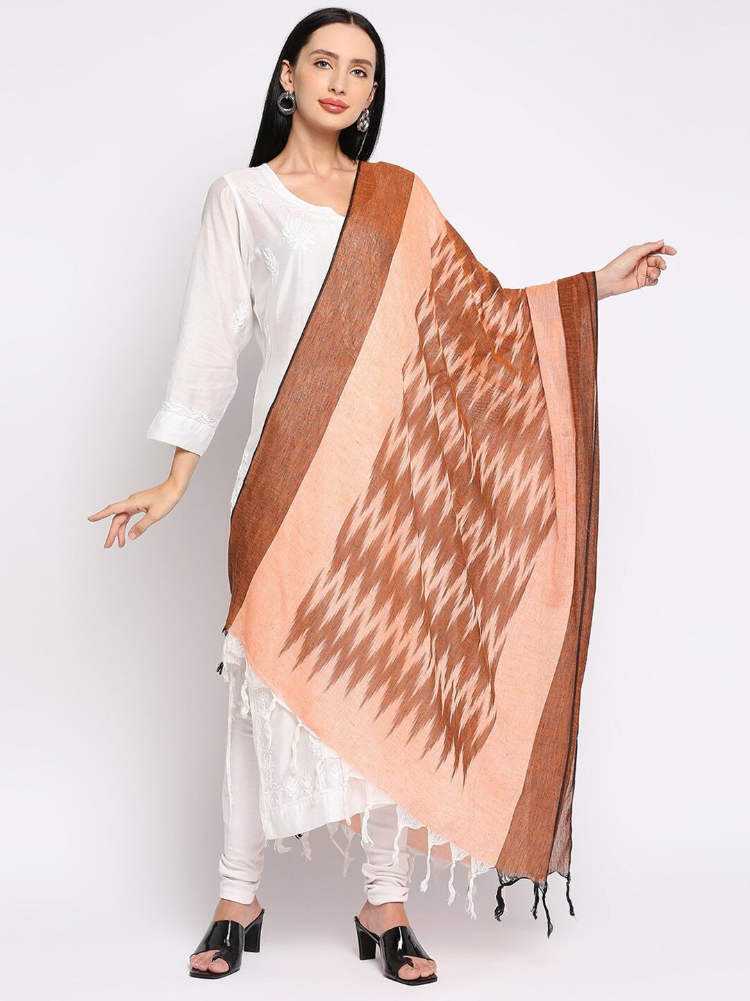 Get Wrapped Brown & Peach-Coloured Printed Pure Cotton Ikat Dupatta Price in India
