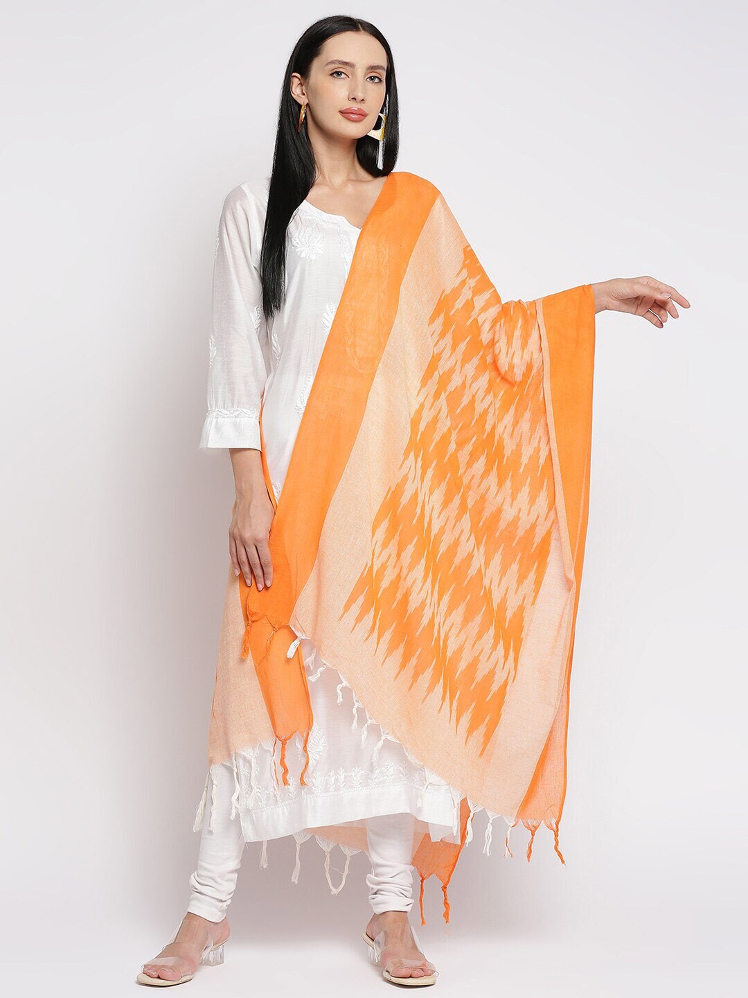 Get Wrapped Orange & Cream-Coloured Printed Pure Cotton Ikat Dupatta Price in India