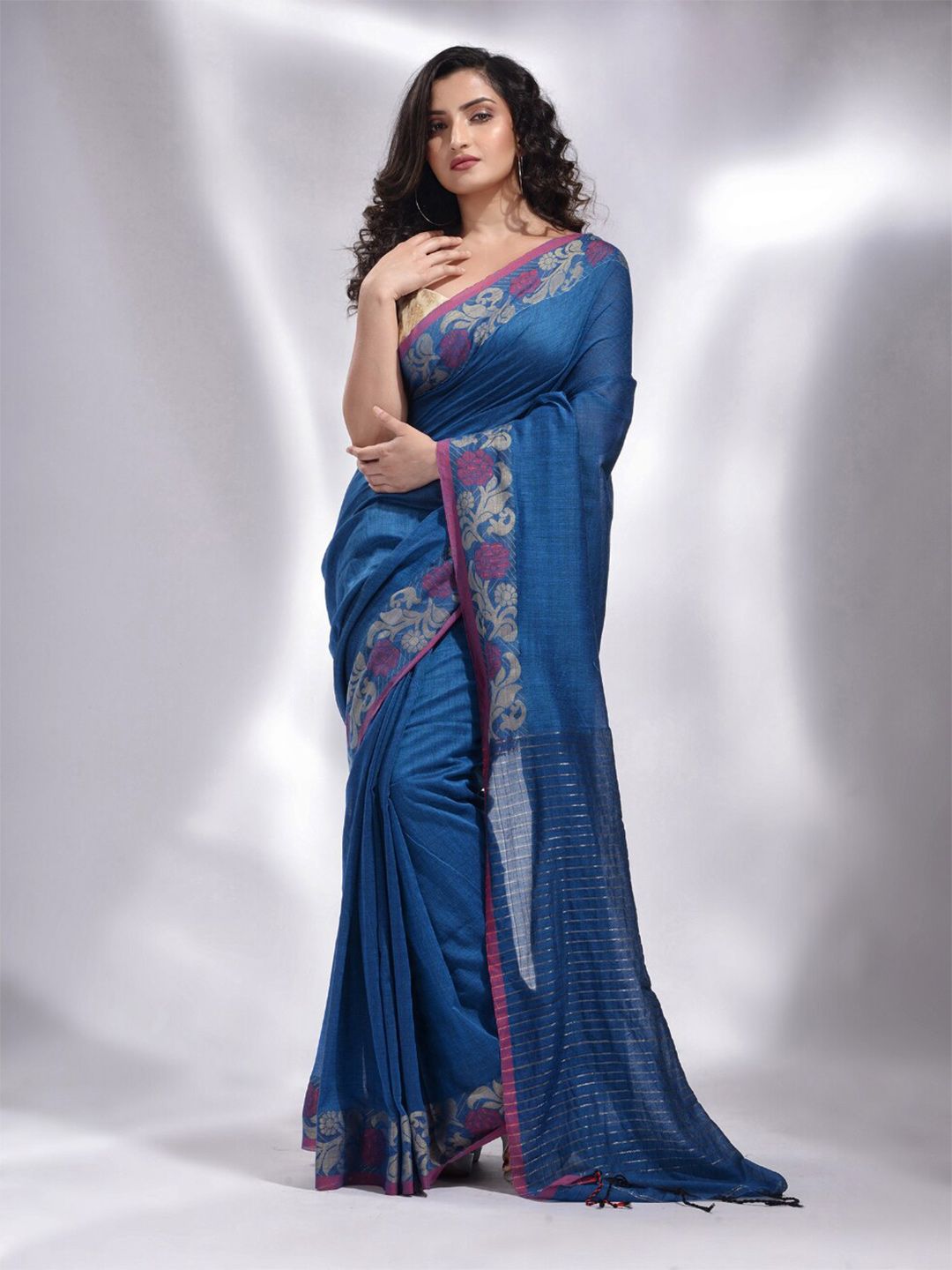 Charukriti Blue & Pink Pure Cotton Saree