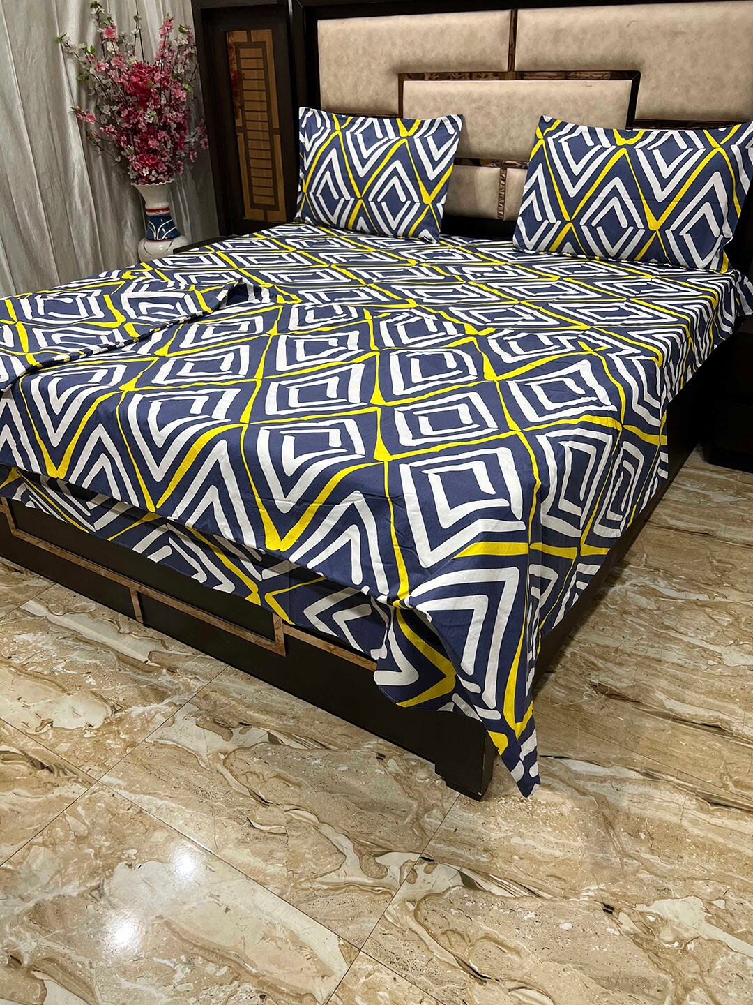 Pure Decor Blue & Yellow Geometric Printed Cotton 300TC Superfine Bedding Set Price in India