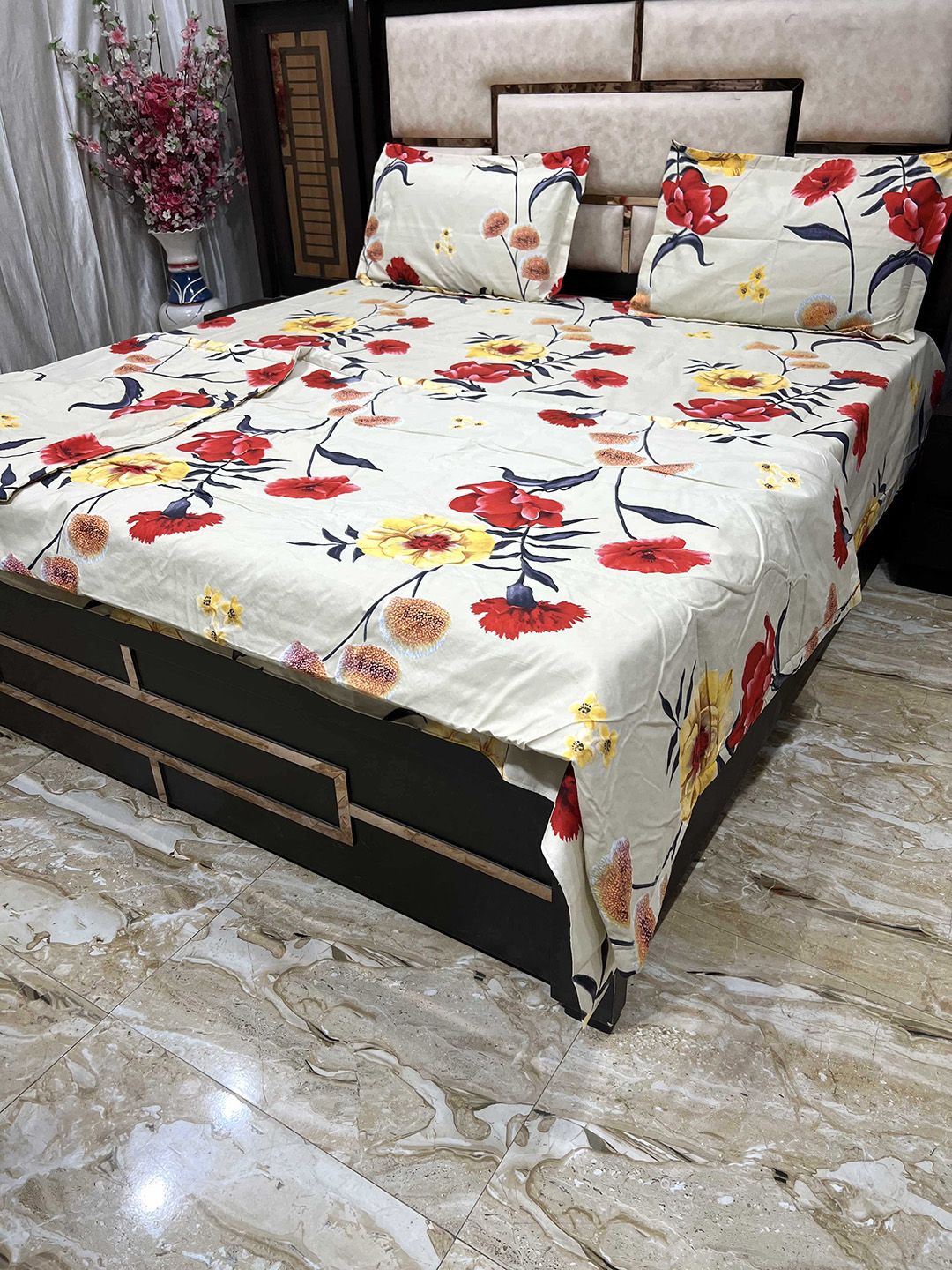 Pure Decor Beige & Red Floral Printed GSM 300 Bedding Set Price in India
