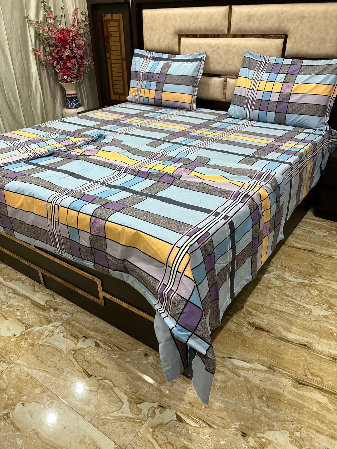 Pure Decor Blue & Yellow Printed Cotton 300TC Bedding Set Price in India