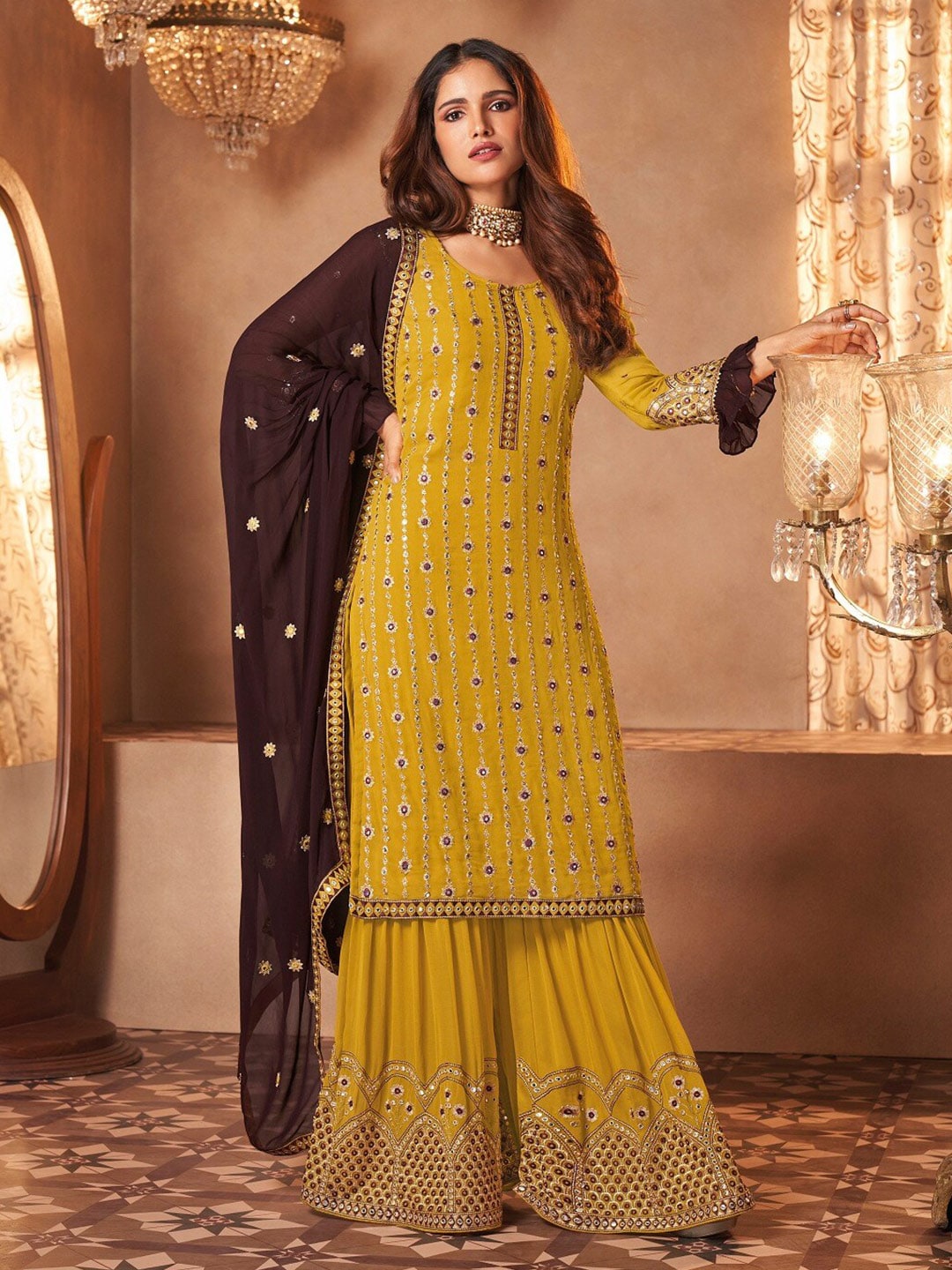Fashionuma Yellow & Brown Embroidered Semi-Stitched Dress Material Price in India