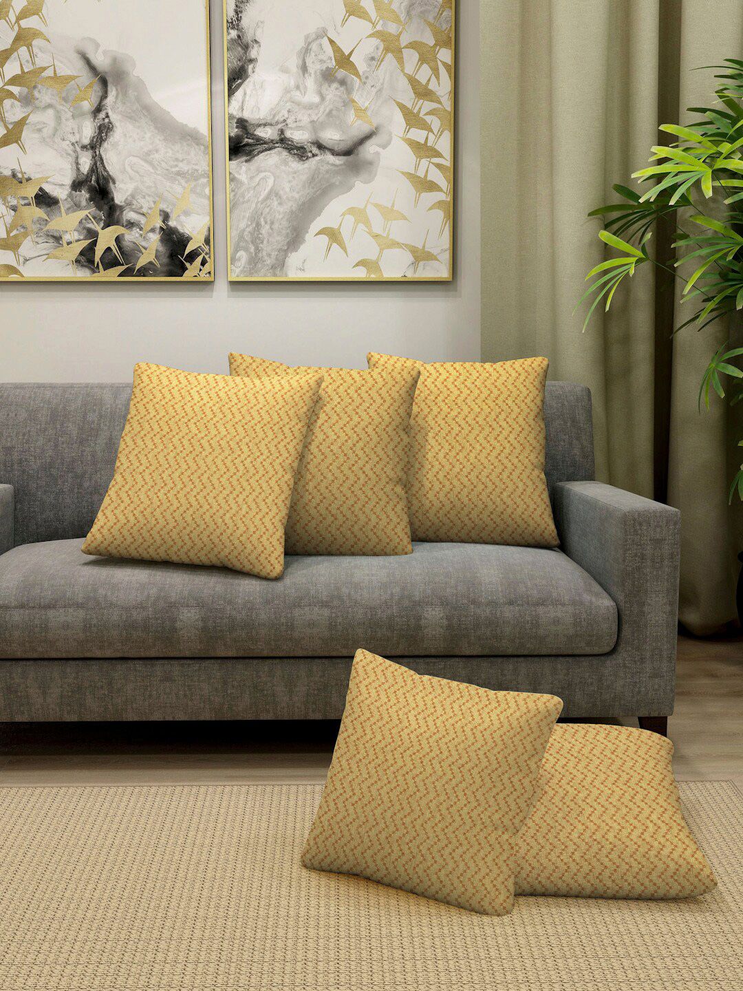 Arrabi Yellow & Brown Set of 5 Geometric Square Cushion Covers Price in India