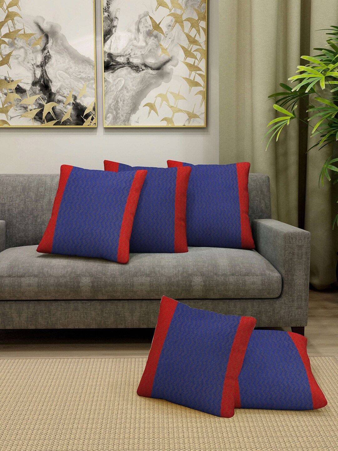 Arrabi Orange & Blue Set of 5 Striped Square Cushion Covers Price in India