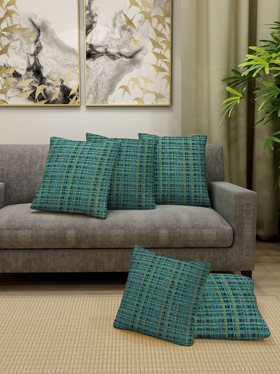 Arrabi Green & Yellow Set of 5 Geometric Square Cushion Covers Price in India