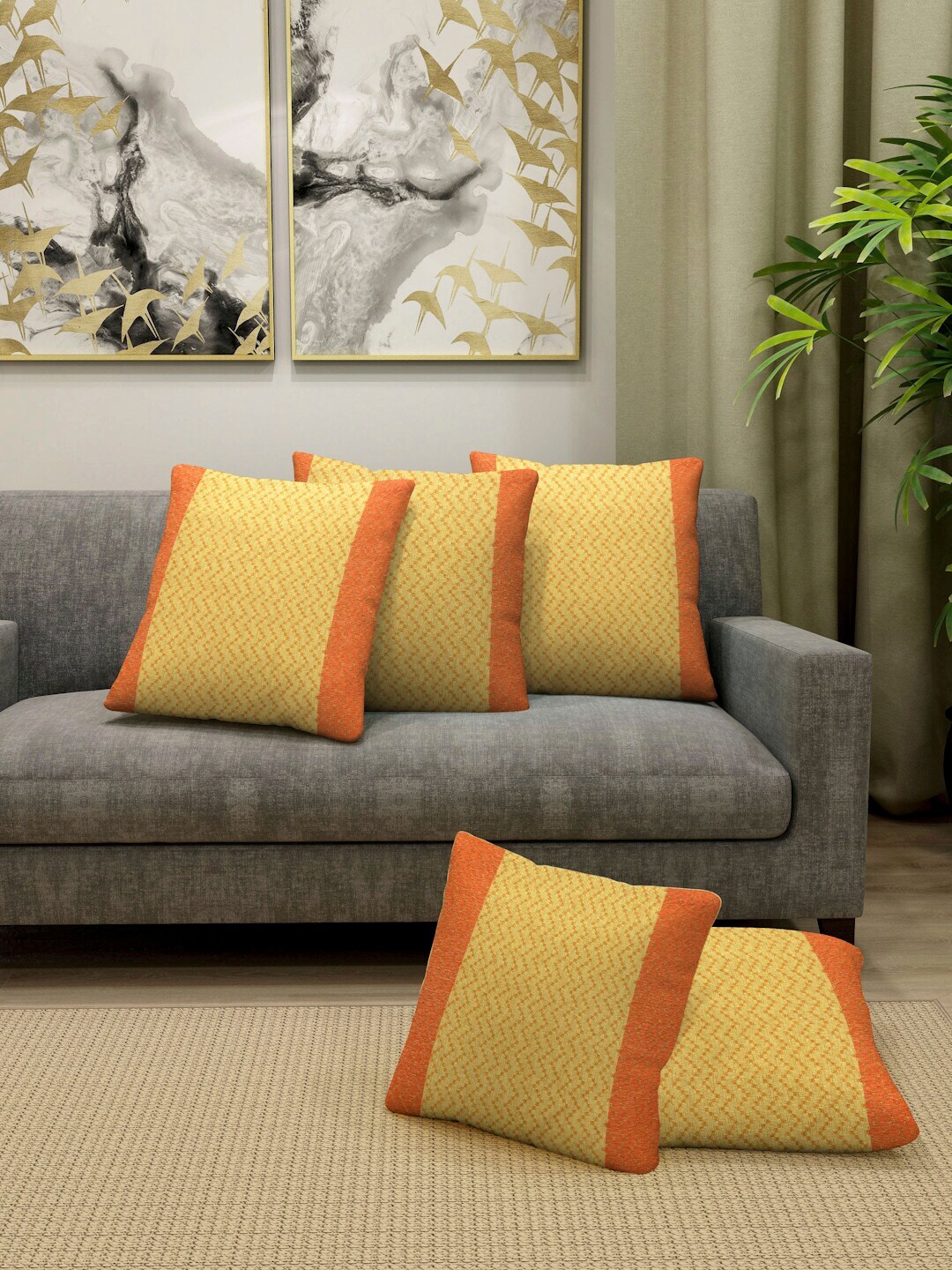 Arrabi Orange & Yellow Set of 5 Striped Square Cushion Covers Price in India