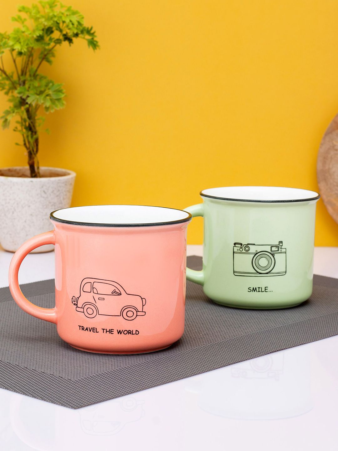 JCPL Peach-Coloured & Green Printed Ceramic Glossy Mugs Set of Cups and Mugs Price in India