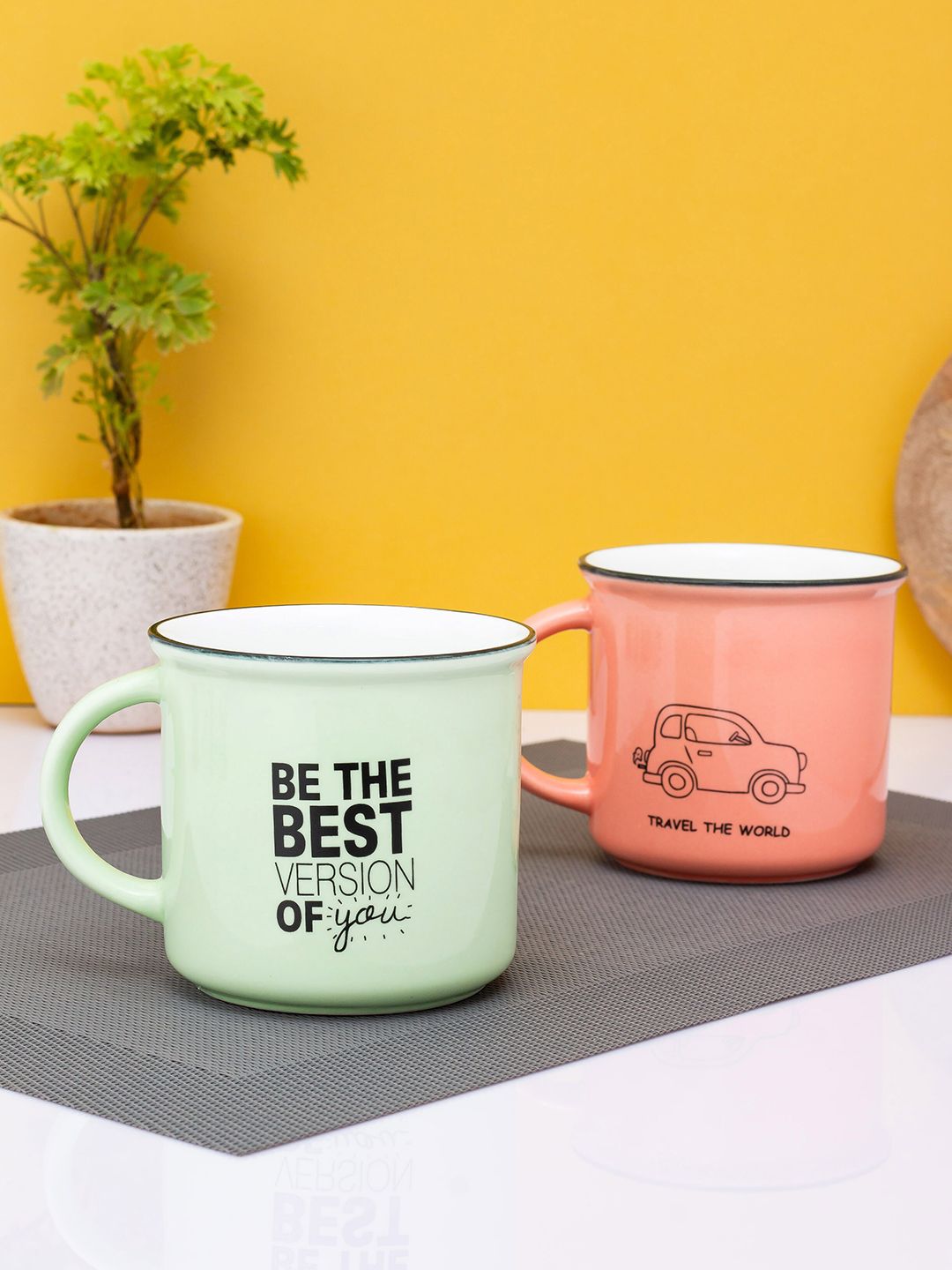 JCPL Peach-Coloured & Green Printed Ceramic Glossy Mugs Set of Cups and Mugs Price in India