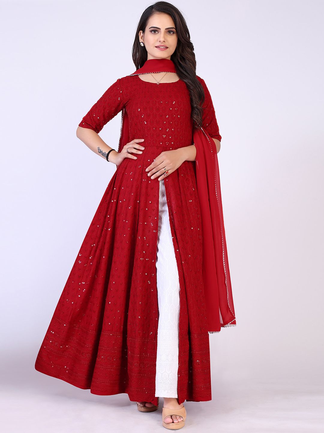 PRENEA Women Maroon High Slit Kurti with Palazzos & With Dupatta Price in India