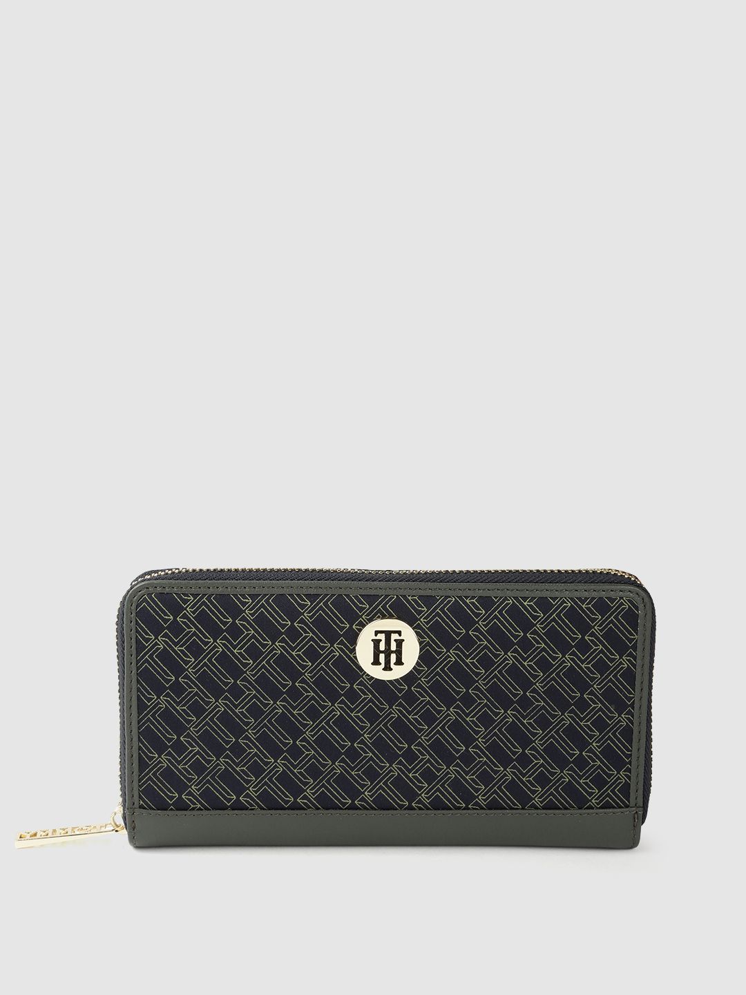 Tommy Hilfiger Women Olive Green & Navy Blue Embellished Two Fold Leather Wallet Price in India