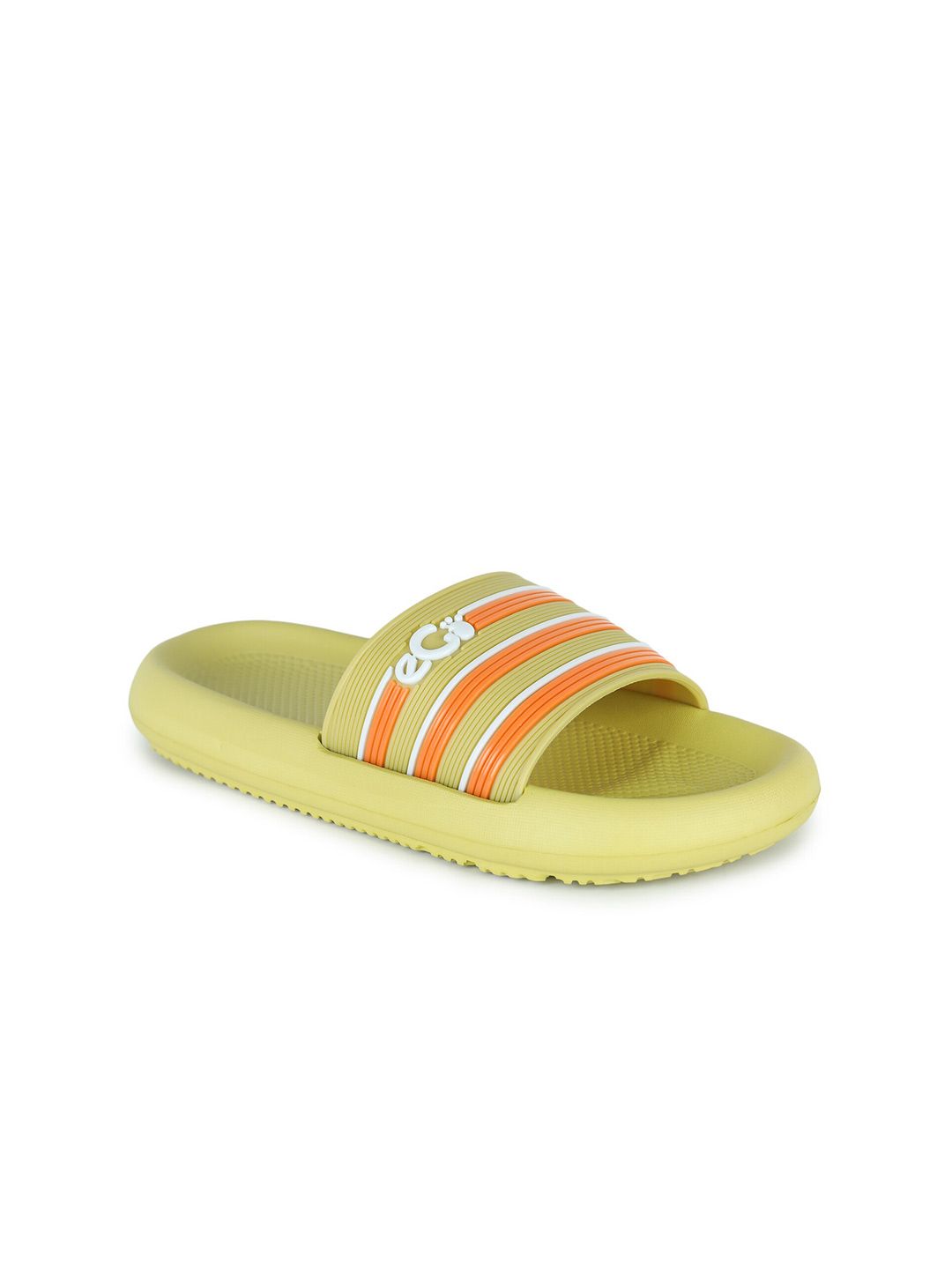 Ego Women Yellow & Orange Striped Rubber Sliders Price in India