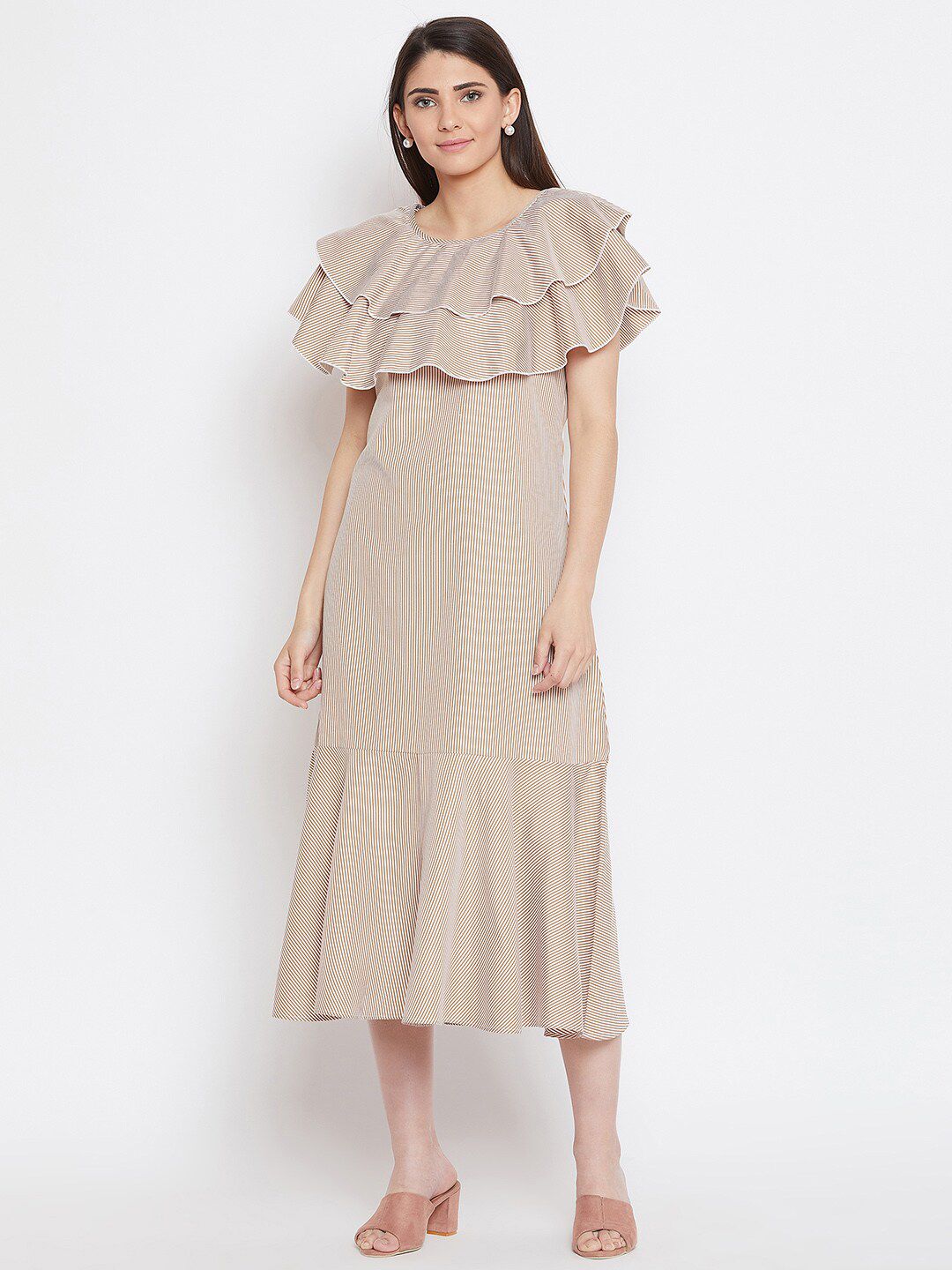 Bitterlime Brown & smoke gray Striped A-Line Midi Dress Price in India