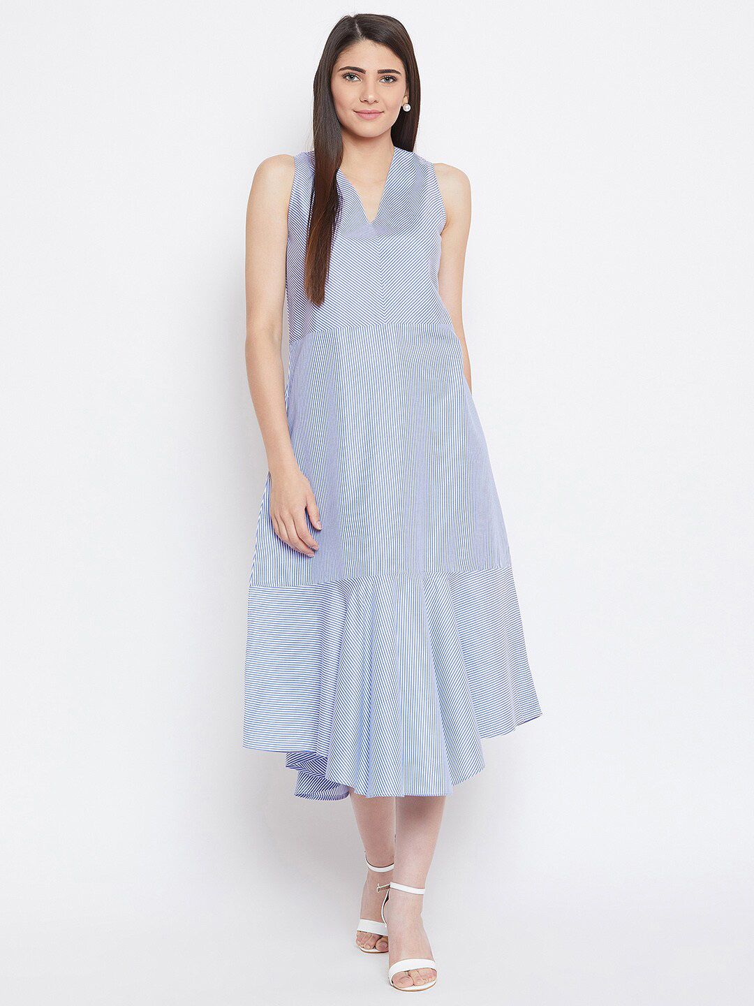 Bitterlime Blue Striped A-Line Midi Dress Price in India