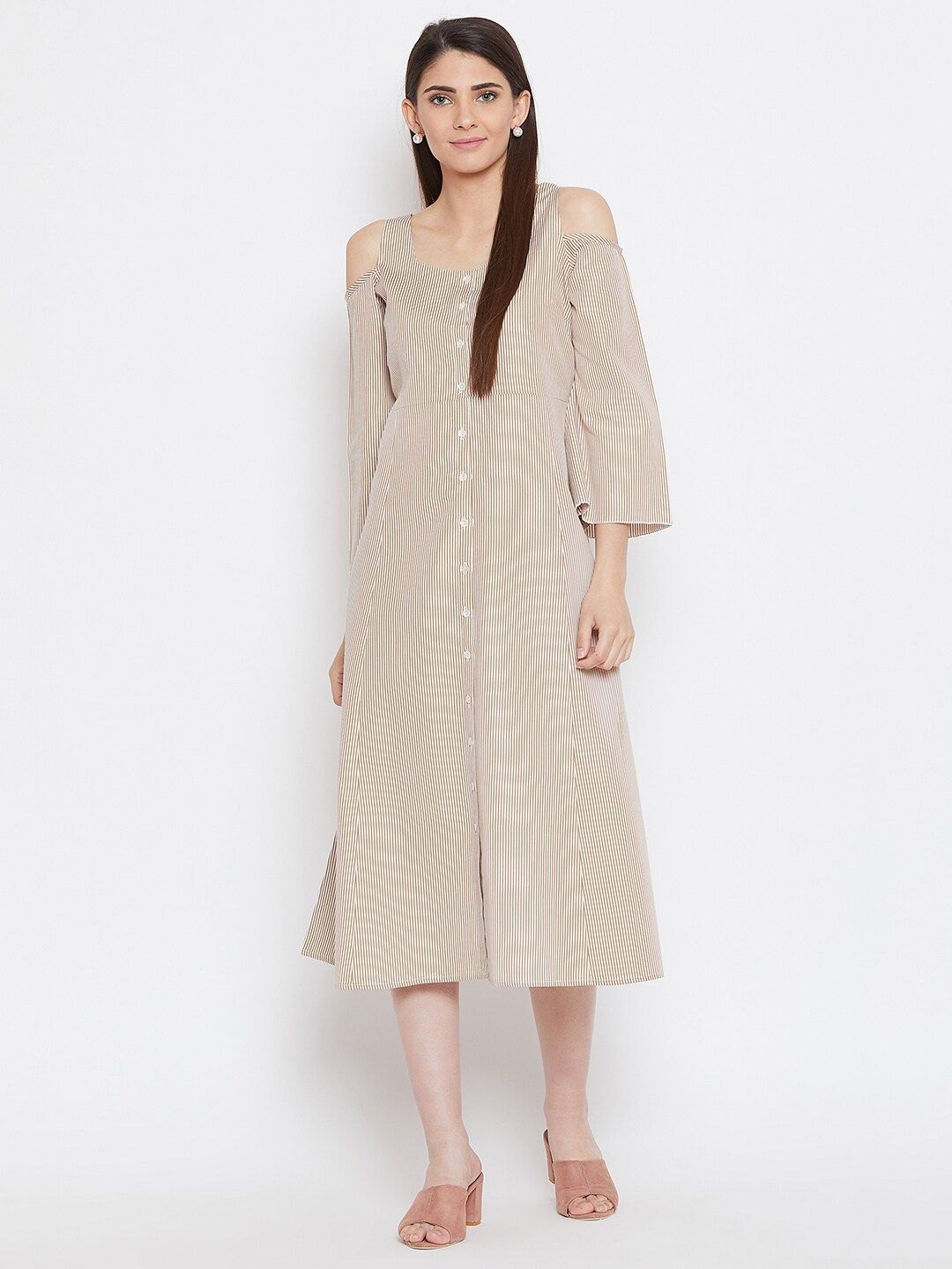 Bitterlime Brown & shifting sand Striped A-Line Midi Dress Price in India