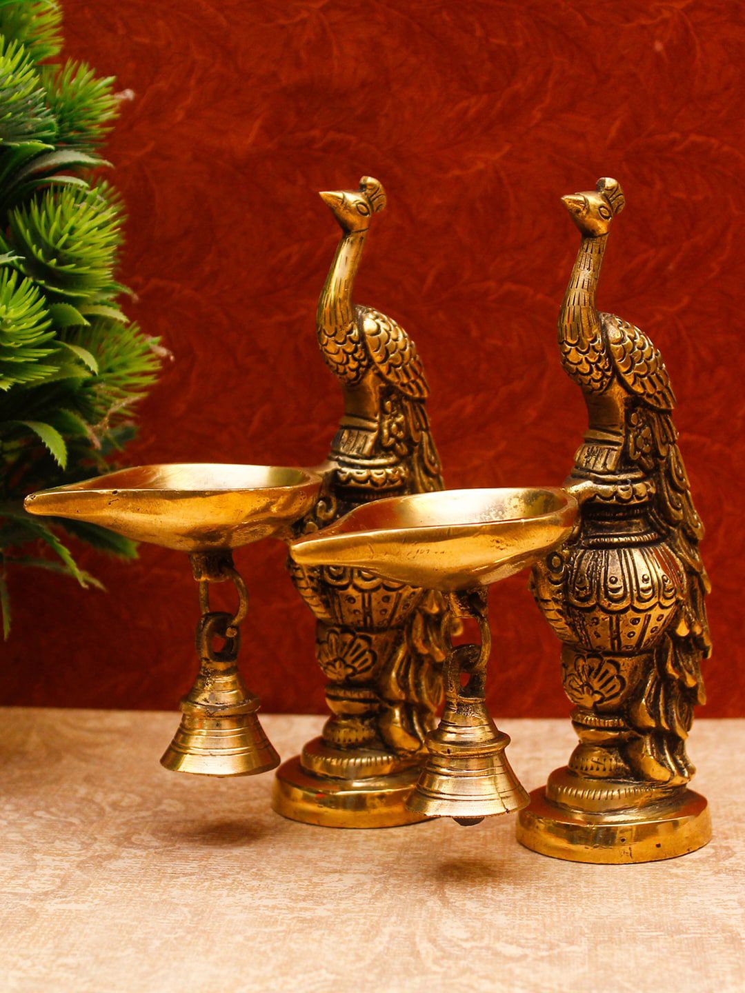 StatueStudio Set Of 2 Gold Peacock Brass Diyas Price in India
