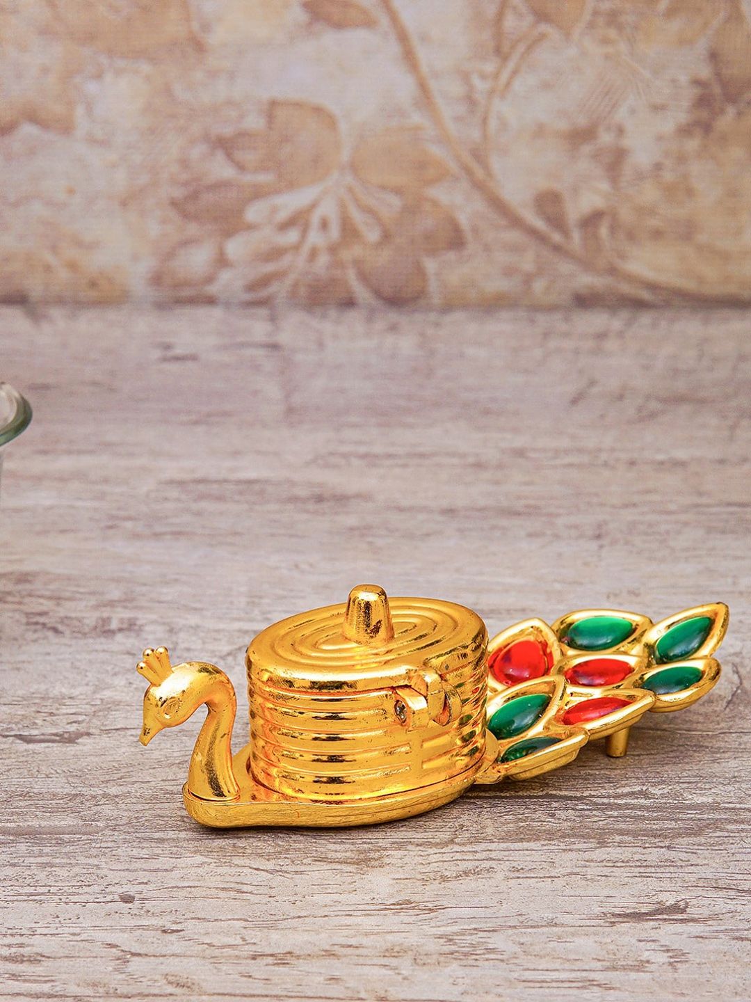 StatueStudio Gold-Toned Peacock Shaped Kumkum Dibbi Box Pooja Essentials Price in India