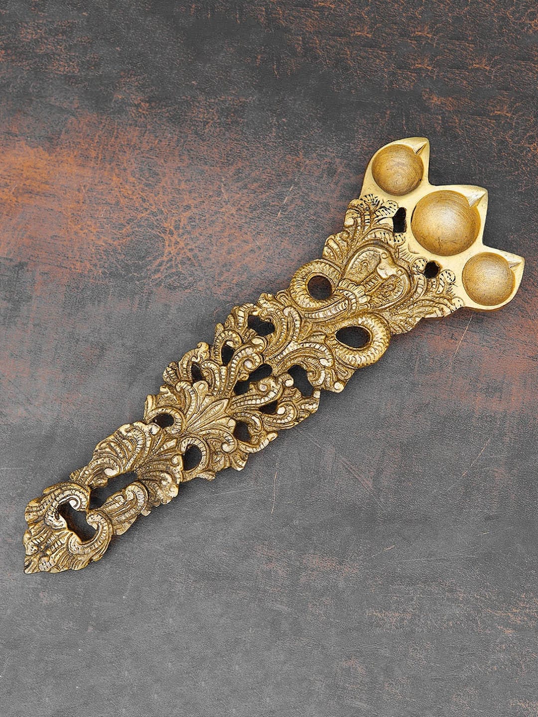StatueStudio Gold-Toned Textured 3 Wick Pooja Hawan Spoon Price in India