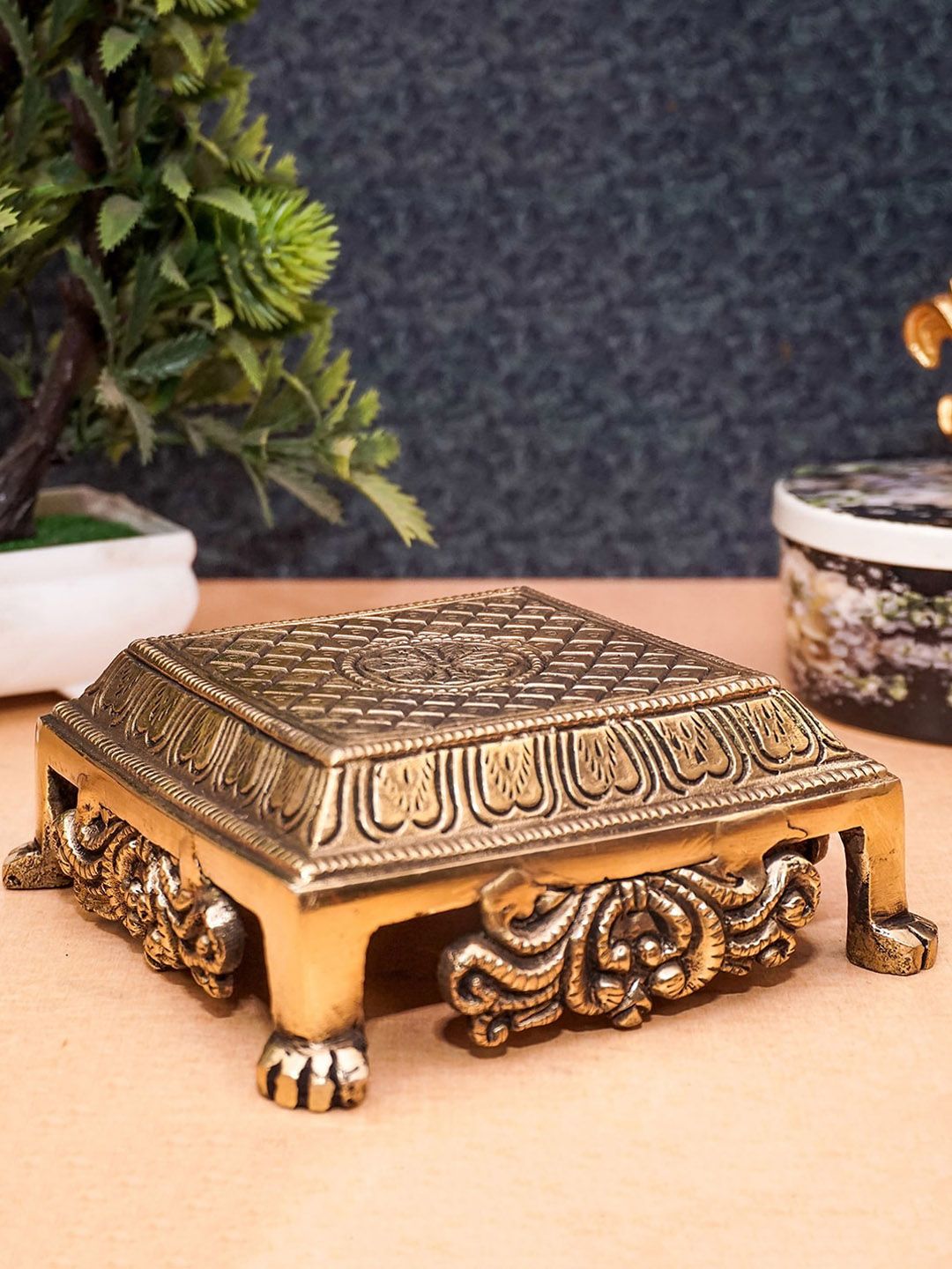 StatueStudio Gold-Toned Textured Puja Chowki Pedestal Table Furniture Price in India