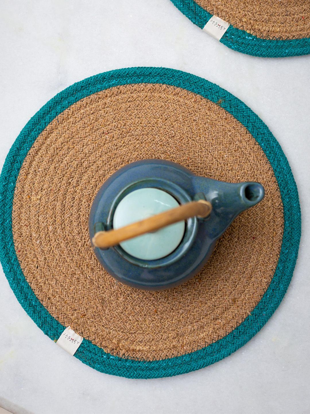 JASMEY HOMES Teal Blue & BeigeTextured Round Cotton Table Placemats Price in India