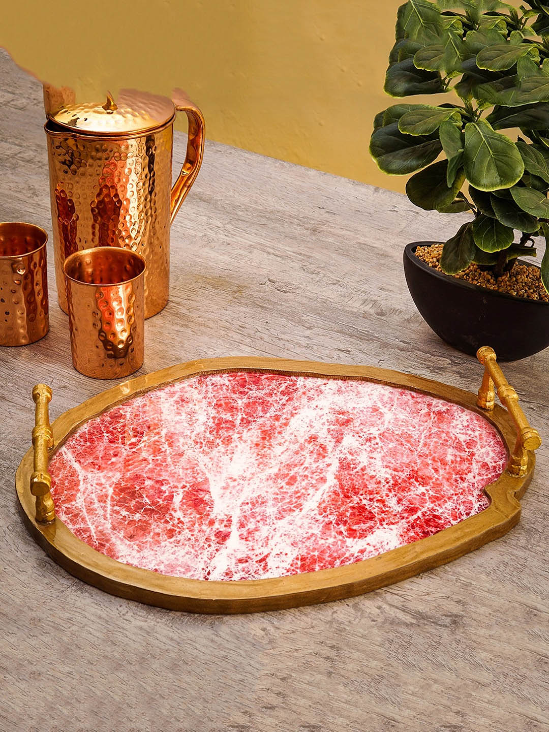 StatueStudio Red Printed Oval Serving Tray Price in India