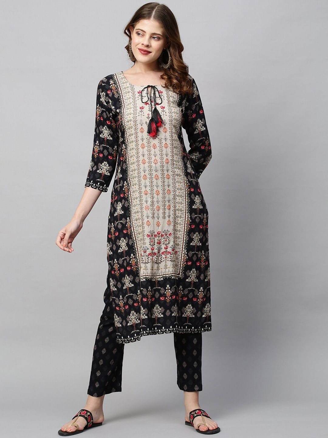 Envy Me by FASHOR Women Black Floral Printed Angrakha Sequinned Kurta with Salwar & With Dupatta Price in India