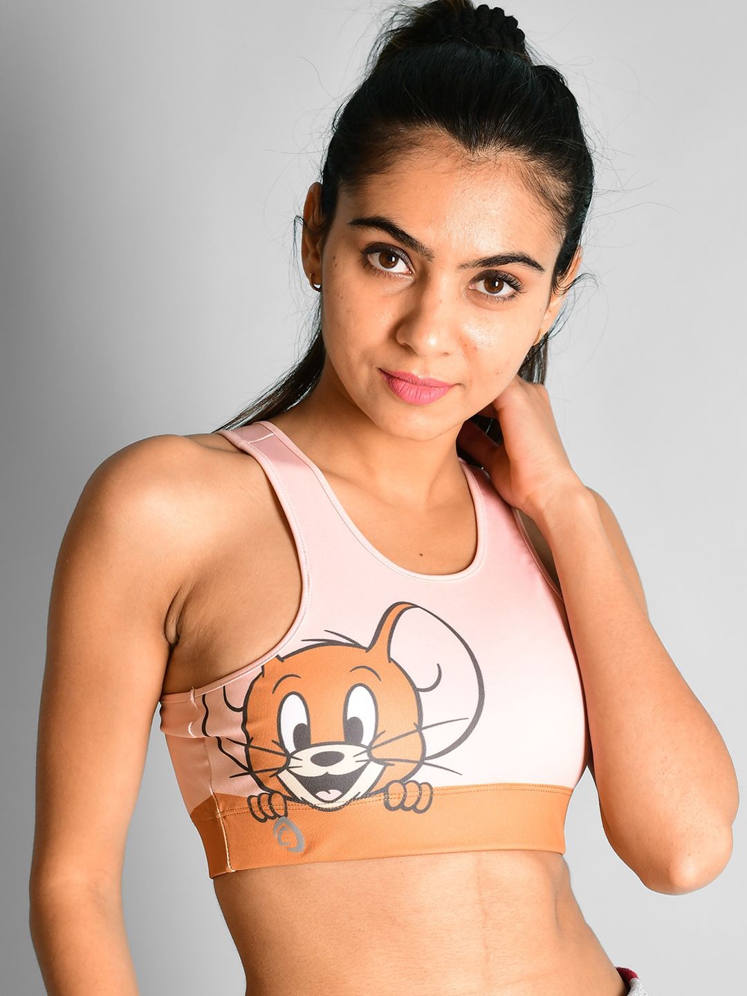 Athlizur Pink & Brown Jerry Printed Racerback Sports Bra Price in India